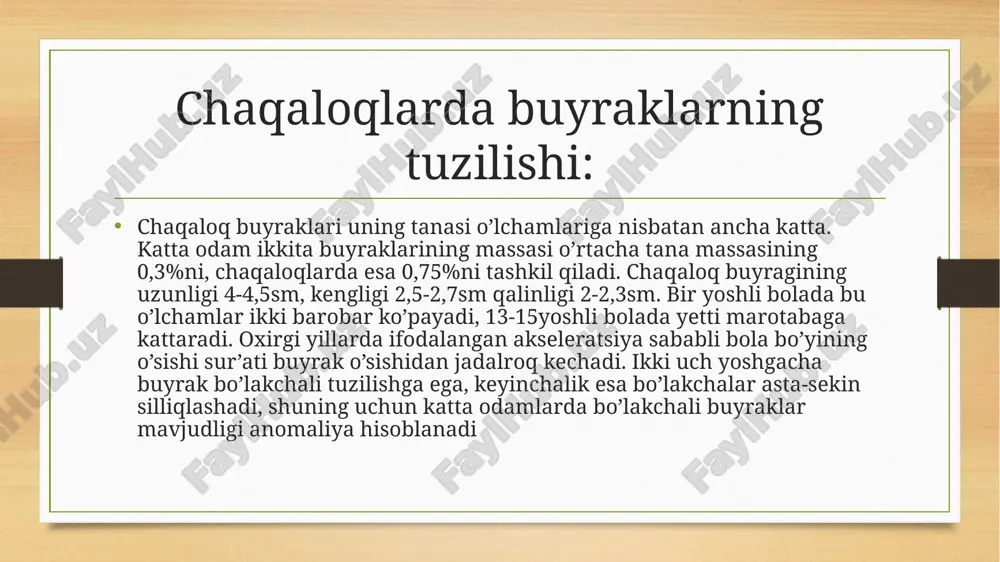 ichidagi qismi uzunligi 0,5sm dan ziyod emas, 10-12 yoshga yetganda 1,5smgacha o’sadi. siydik qopining uchi 3 yoshli bolalarda kichik chanoqga kirish joyida, 7 yoshlilarda esa 4mm pastroqda joylashadi. balog’at yoshiga yetgan 12-13 yoshlilarda siydik qopi o’rni va shakli katta odam organizmidagidek joylashadi. bolalarning siyishida siydik portsiyasining hajmi va sutkalik diurezning yoshga doir o‘zgarishi: image5.png image6.png image7.jpeg image8.jpeg image9.jpeg image10.jpeg image11.jpeg image12.jpeg image13.jpeg image14.jpeg image15.jpeg image16.jpeg image3.png image4.png /docprops/thumbnail.jpeg