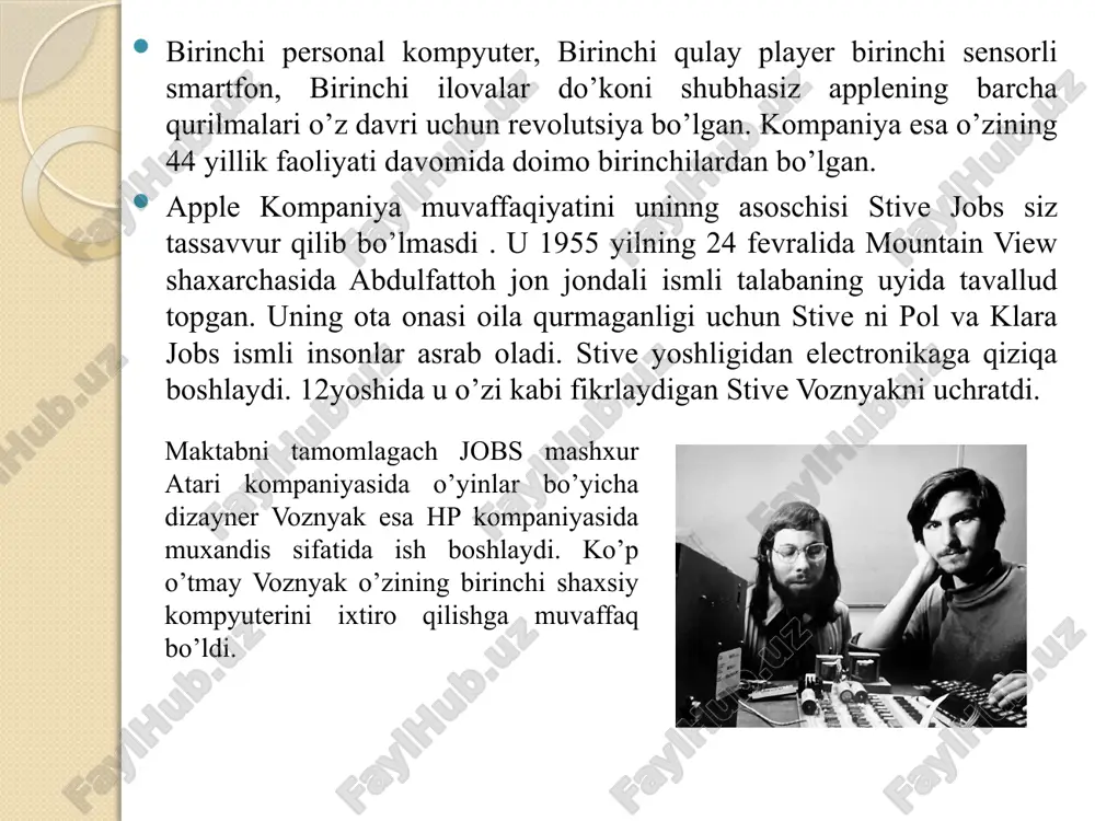 shlab chiqaradi. bu kompyuter zamonaaviy korinishga ega bo’lib unda osha vaqtdagi eng so’nggi texnologilar qollanilgan. shuningdek kompyuterdagi rangli grafika bilan ishlash imkoniyat uning savdosini aqlbovar qilmas darajaga ko’tardi . umumiy xisobda apple 2 5mln nusxada sotilib 80yillarda eng ko’p sotilgan personal kompyuterga aylangan. 1983yilning boshida stive jobs kompaniya muammolarining hammasini o’zi hal qila olmasligini tushunib osha vaqtdagi pepsi kompaniyasining bosh direktori jon skallini apple kompaniyasiga bosh director etib tayinlaydi. jon skalli kelishi bilan foydani oshirish uchun yangi qurilmalarni loyihalashtirishga to’sqinlik qildi. bu ko’rinishga makintosh ustida ish olib borayotgan stive norozilik bildiradi. tabiyki bu xolat jon va stive orasida kelishmovchilikni keltirib chiqardi. shunda jon skalli kompaniyaning yirik aksiyadorlari bilan til biriktirib jobsni kompaniyadan chetlatdi. 1989 yilda kompaniya o’zining apple 3 kompyuterini taqdim etadi. ammo ushbu maxsulotning bozori yaxshi bo’lmaydi. jobs ketgandan so’ng kompaniya inqirozga uchray boshlaydi. yangi loyihalarga kamroq pul ajratilgani bois kompaniya faqat eski apple2 va macintosh kompyuterlarini savdosi bilan …