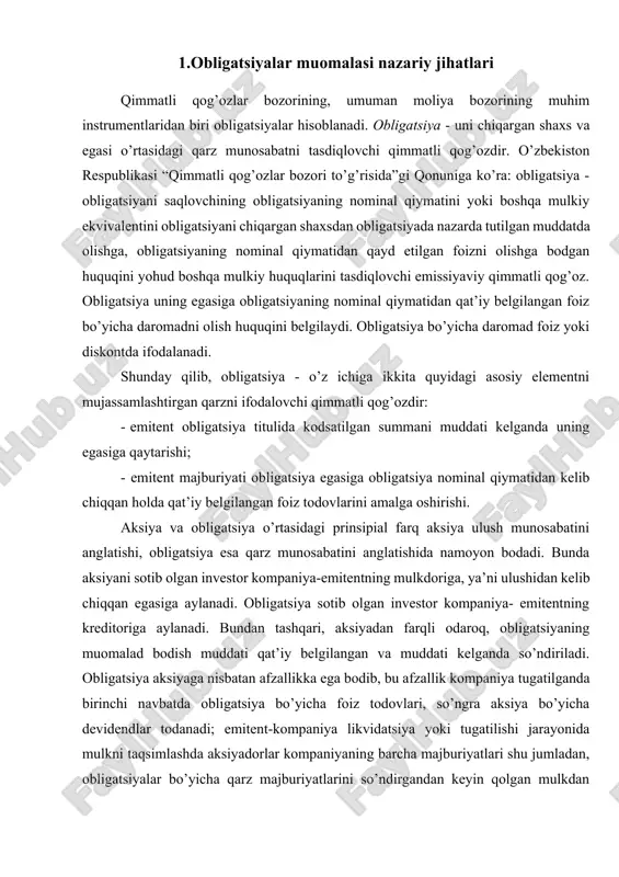 sbatan afzallikka ega bodib, bu afzallik kompaniya tugatilganda birinchi navbatda obligatsiya bo’yicha foiz todovlari, so’ngra aksiya bo’yicha devidendlar todanadi; emitent-kompaniya likvidatsiya yoki tugatilishi jarayonida mulkni taqsimlashda aksiyadorlar kompaniyaning barcha majburiyatlari shu jumladan, obligatsiyalar bo’yicha qarz majburiyatlarini so’ndirgandan keyin qolgan mulkdan ulush olishlari mumkin. obligatsiya qarz instrumenti bodganligi sabali kompaniya emitent boshqaruvida qatnashish huquqini bermaydi. obligatsiyalar davlat hukumati, turli davlat organlari va munitsipalitetlar mablagdarni jamg’arish instrumenti sifatida namoyon bodadi. korxonalar ham qo’shimcha moliyaviy mablagdarga zarurati yuzaga kelganda korporativ obligatsiyalar muomalaga chiqarishlari va joylashtirishlari mumkin. obligatsiyalarni chiqarish kompaniya-emitent uchun bir qator jozibador ahamiyatga ega: obligatsiya emissiyasi orqali kompaniya zarur mablagdarni kreditorlarning kompaniya moliyaviy ho’jalik faoliyatiga aralashuvisiz jalb qilishi mumkin. ammo, obligatsiya zayomlari orqali jalb qilingan mablagdarni kompaniya xuddi bank kreditlariga qo’shimcha mablagdar sifatida ko’rib chiqishi zarur. hatto fond bozori yuqori rivojlangan mamlakatlarda ham emissiya qilingan obligatsiyalar korxonalarning mablag’larga bo’lgan yalpi ehtiyojlarini qoplamaydi. obligatsiyalar o’z mohiyatiga ko’ra qarz munosabatini bildirganligi sababli bank krediti …