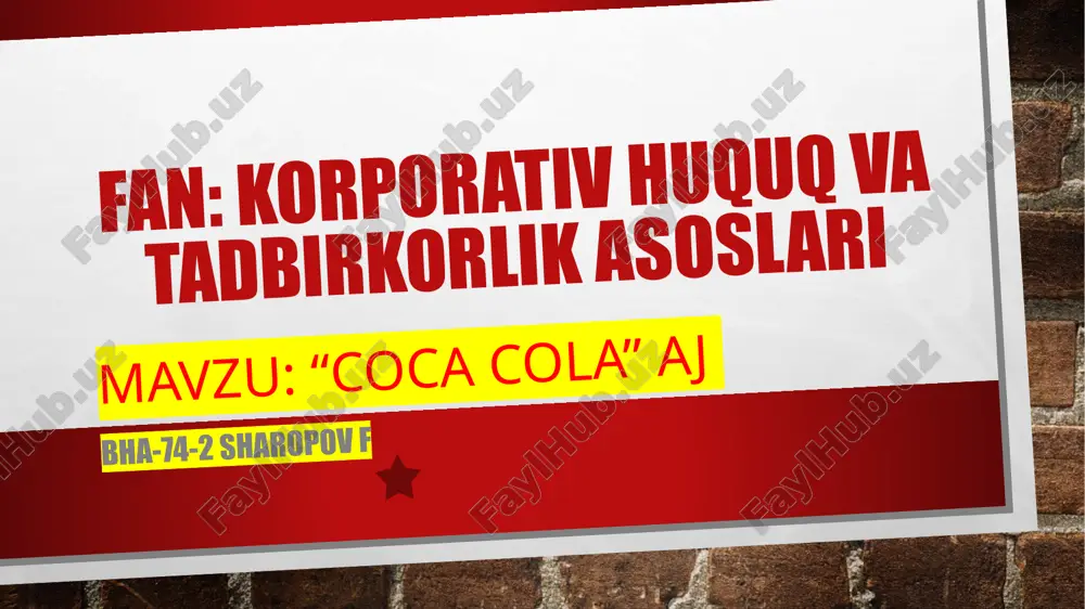 ayriya jamgʻarmasi „coca-cola“ jahondagi chiqindi generatorlaridan biri boʻlganligini maʼlum qilgan. undan keyingi oʻrinlarda esa, „pepsi“ va „nestle“ joylashgan 10 coca-cola - ko'p millatli ichimliklar korporatsiyasi. coca-cola asoschisi farmatsevt jon s. pemberton (1886). kompaniyaning bosh qarorgohi aqshning jorjiya shtatida joylashgan. coca-cola dunyodagi eng mashhur brendlardan biridir. kompaniya alkogolsiz ichimliklar va siroplarni sotish, ishlab chiqarish va tarqatishga ixtisoslashgan. shuningdek, coca-cola 200 ta davlatda faoliyat yuritadi. u butun dunyo bo'ylab eng keng tarqalgan ichimliklar tarqatish tizimlaridan birini taqdim etishi mumkin. coca-cola kompaniyasi ijtimoiy va ekologik muammolarni hal qilishga sodiqdir. bu turli korporativ ijtimoiy mas'uliyat dasturlari va barqarorlik tashabbuslari orqali. 2022 yilda kompaniya yaxshi moliyaviy ko'rsatkichlarga ega. ularning sof daromadlari 11% ga, organik daromadlari esa 16% ga o'sdi. ushbu rekord bilan coca-cola butun dunyo bo'ylab topishingiz mumkin bo'lgan eng kuchli brendlardan biri ekanligini aytishimiz mumkin. coca-cola'ning kuchli, zaif tomonlari, imkoniyatlari va tahdidlarini ko'rib chiqish muhim, chunki ular kompaniya faoliyatiga ta'sir qilishi mumkin. shuningdek, u …