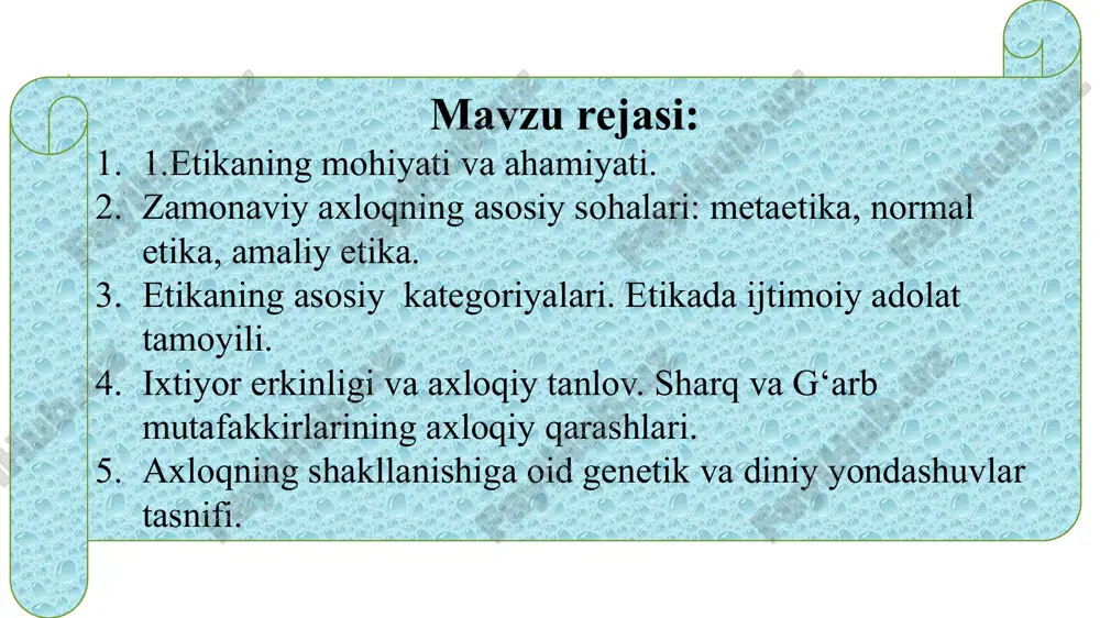 da amal qiladigan axloqiy prinsiplari. kasbiy etika – muayyan kasbda ishlovchi insonlarning axloqiy me’yorlari (masalan, shifokorlar, o‘qituvchilar, jurnalistlar, yuristlar uchun). ijtimoiy etika – jamiyatda qabul qilingan axloqiy normalar va qadriyatlar. bioetika – tibbiyot va biologiya sohalarida axloqiy muammolarni o‘rganadi. biznes etikasi – tadbirkorlik va ishbilarmonlikda axloqiy qarorlar va harakatlar. “odob”(arabcha ,,adab” so`zining ko`pligi) xulq-atvori, yurish-turish madaniyatining tashqi va ichki jihatlarini ifodalaydigan tushuncha. u kishilarning xatti-harakatida, o`zaro munosabatida(oila, mehnat jamoasi va turli marosimlarda) namoyon bo`ladi. odob – inson haqida yoqimli taassurot uyg`otadigan, lekin jamoa, jamiyat va insoniyat hayotida burilish yasaydigan darajada muhim ahamiyatga ega bo`lmaydigan, milliy urf-odatlarga asoslangan chiroyli xatti-harakatlarni o`z ichiga oladi. “odob” — bu insonning xulq-atvoridagi yumshoqlik, hurmat, kamtarlik, va o‘zgalar bilan chiroyli muomala qilish madaniyatini bildiradi. bu tushuncha ko‘proq kundalik hayotda insonning tarbiyasi, muomala madaniyati va o‘zini tutishi bilan bog‘liq. 8 «axloq» so‘zi aslida arabcha so‘z bo‘lib, xulq-atvor, yurish-turish, tarbiya degan ma’nolarni anglatadi. jamiyatning axloqiy hayoti deb kishilarning …