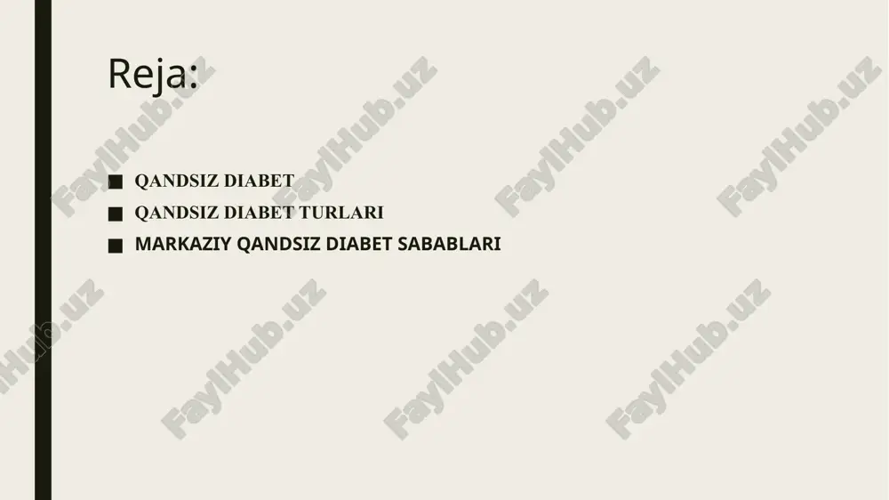 simon bezning tiroksin ishlab chiqarishini rag’batlantiradigan tireotrop gormon (gipofiz bezida sintez qilinadi) ajralishini kuchaytiradi. qandsiz diabet turlari qandsiz diabet rivojlanish mexanizmlarini hisobga olgan holda uni ikki asosiy turga bo’lish mumkin: markaziy qandsiz diabet. gipotalamusta vazopressin ishlab chiqarilishi yetishmovchiligi yoki uning gipofiz bezidan qonga o’tishi buzilishi natijasida shakllanadi. buyrakli (nefrogen) qandsiz diabet. ushbu shaklda vazopressin darajasi me’yorda bo’ladi, ammo buyrak to’qimasi unga reaktsiya bermaydi. bundan tashqari, ba’zida stressga javoban psixogen polidipsiya (kuchli chanqash) rivojlanadi. shu bilan birga, qandsiz diabet homiladorlik paytida shakllanishi mumkin. buning sababi — yo’ldosh (platsenta) fermentlari bilan vazopressinning parchalanishidir. odatda, kasallikning belgilari homiladorlikning uchinchi trimestrida namoyon bo’ladi, lekin tug’ruqdan keyin ular o’z-o’zidan yo’qolib ketadi. markaziy qandsiz diabet sabablari miya shikastlanishlari: gipofiz yoki gipotalamus o’smalari; bosh miyadagi operatsiyalardan keyingi asoratlar; sifilis; ba’zan o’tkazilgan infektsiyalardan so’ng rivojlanadi: o’rvi, gripp va boshqalar; ensefalit (bosh miyaning yallig’lanishi); bosh suyagi va bosh miya jarohati; gipotalamus yoki gipofizda qon aylanishning yomonlashuvi; gipofiz yoki gipotalamusning …