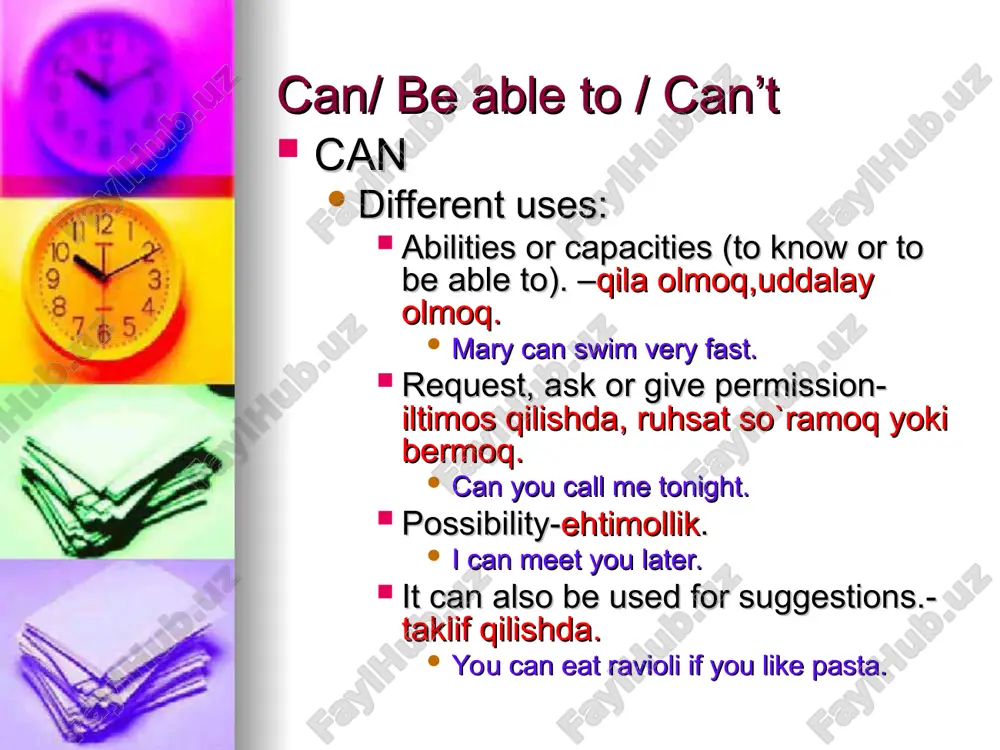 is only used in the present and have to in the other tenses. authority people use must, while have to is used by everybody. you must bring your books to class i have to buy the tickets today. must is also used to express a logical deduction about present fact. she’s got a great job. she must be very happy. need to / needn’t need to is not a modal, but it is used in affirmative sentences, like have to, to express obligation and necessity-majbur bo`lmoq, zarur bo`lmoq. i need to cook dinner tonight. needn’t, on the contrary, is a modal and indicates lack of obligation and necessity, like don’t have to- zaruriyat yo`qligini bildiradi. you needn’t bring anything to the party. musn’t / don’t have to musn’t shows prohibition- taqiq,cheklovni ifodalaydi. you musn’t exceed the speed limit don’t have to means not have to, i.e., lack of obligation and …