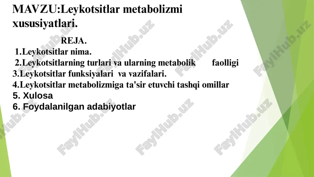 ar qon tomir o‘zanidan chiqib, hujayralararo bo‘shliqda o‘zicha harakat qila oladi. ular organizmning yot jismlar kirgan joyiga yetib kelib, mikroorganizmga yaqinlashgach, soxta oyoqlar chiqarib, ularni hamma tomondan o‘rab oladi va yutib yuboradi. yutilgan mikroorganizm yemirilib, leykotsit proto- plazmasida hazm bo‘lib ketadi. ko‘pincha bu jarayonda leyko­tsitlarning o‘zi ham nobud bo‘ladi, natijada yiring to‘planadi. organizmga kirgan zararli mikroorganizmlar (bakteriyalar, viruslar, zamburug‘lar va boshq.) shuningdek, jonsiz zararlarning leyko­tsitlar tomonidan shu tariqa yo‘q qilinishi fagositoz deb, buni amalga oshirgan leykotsitlar fagotsitlar deb ataladi. fagositozda faqat leykotsitlargina emas, balki organizmdagi boshqa hujayralar ham ishtirok etadi. bunday hujayralar makro-faglar deyiladi. leykotsitlar, makrofaglar, qon va to‘qimalardagi boshqa aktiv moddalar faqat bakteriyalar hamda kasallik qo‘zg‘atuvchi agentlarni yutib yuborish bilan kifoyalanmay, balki organizmni jarohat yoki kasallik tufayli nobud bo‘lgan hujayralardan, toksinlardan ham tozalaydi. shuning uchun turli kasalliklarda qonda leykotsitlar soni ancha oshib ketadi. 1 mkl qonda, odatda, 4000—9000 leykotsit bo‘ladi. ular soni kun bo‘yi o‘zgarib turadi, masalan, ertalab tongda …