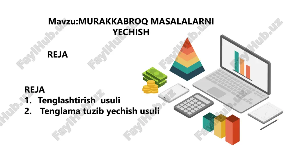 ancha sariq rangli bo‘yoq kerak bo‘ladi? 2x + 3x = 1500 5x = 1500 x = 1500 : 5 x = 300. sariq rang massasi 2x = 2 • 300 = 600 (g) javob: sariq rangdan 600 g kerak bo‘ladi. yechish 4-masala uchta javonda 47 ta kitob bor. ikkinchi javonda birinchisidan 4 ta kam, uchichisidan 2 ta ko‘p kitob bor. birinchi javonda nechta kitob bor? yechish 2 + 4 = 6 47 + 6+ 4 = 57 (ta) 57 : 3 = 19 javob:birinchi javonda 19 ta kitob bor. kim lider enerjayzeri ko‘k kartochkalar uchun masala ikki kunda 2350 kg kartoshka terildi. ikkinchi kun birinchi kunga qaraganda 4 marta ko'p kartoshka terildi. birinchi kun qancha kartoshka terilgan? namuna:yuqorida ko'rilgan 5-misol. masalalarni ikki xil usulda yeching va o'zaro solishtiring. qizil kartochkalar uchun masala 5 hissa suvga 2 hissa tuz qo'shib aralashma hosil qilindi. 14 kg aralashma hosil qilish uchun qancha tuz …