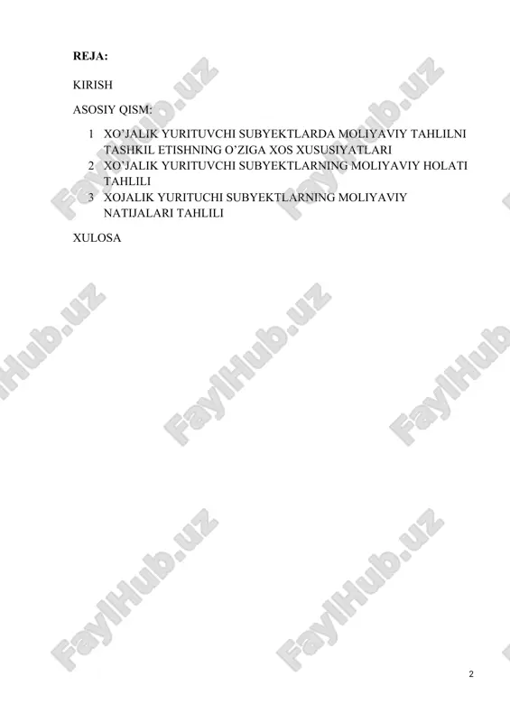 g barqaror faoliyat yuritishida, ishlab chiqarish jarayonining barcha elementlari, shu jumladan, buxgalteriya hisobi, audit va iqtisodiy tahlil mukammal ishlashi kerak. iqtisodiyot sektorida bozor munosabatlarini chuqurlashtirish ushbu sohada iqtisodiy islohotlani yanada jadallashtirishni taqoro etadi. shu sababli, moliyaviy hisobot shakllari va ularning tanini takomillashtirish, uni barcha sektorlarning tuzilmasiga va o' zgarishlariga mos tarzda qayta qurish, korxonalarni moliyaviy-iqtisodiy holatini organish va nazorat qilishning maqsadli shaklini ishlab ctriqish hamda qaror toptirish bugungi kunning muhim vazifalaridan hisoblanadi. asosiy qism 1. keyingi yillarda respublikamizda boshqaruv va moliyaviy tahlilga e'tibor kuchaygan. bu esa bu borada ilmiy tadqiqotlar olib borishni hamda zamonaviy iqtisodchi mutaxassislar tayyorlashni taqozo etmoqda. ushbu holatni hisobga oladigan bo’lsak, korxonalarning moliyaviy holatini baholash va uning tahlilini to'g'ri tashkil etilishi hamda takomillashtirilib borilishi bozor iqtisodiyotining eng dolzarb masalalaridan biri ekanligini ta'kidlab o'tish lozim bo'ladi. korxonalarning moliyaviy holatini tahlil etish orqali uni yanada sog'lomlashtirish imkoniyatlariga baho beriladi hamda moliyaviy mustahkamligi kuchaytiriladi. agar ilgari korxonalarning xo'jalik faoliyatini, ularning …