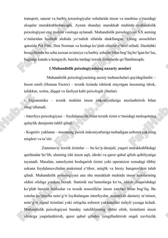 izimlar — bu ko‘p darajali, yuqori murakkablikdagi qurilmalar bo‘lib, ularning ishi inson aqli, idroki va qaror qabul qilish qobiliyatiga tayanadi. masalan, samolyotni boshqarish tizimi yoki operatsion xonadagi tibbiy uskuna foydalanuvchidan maksimal e’tibor, aniqlik va hissiy barqarorlikni talab qiladi. muhandislik psixologiyasi ana shu murakkab muhitda inson xatolarining oldini olishga yordam beradi. statistik ma’lumotlarga ko‘ra, ishlab chiqarishdagi ko‘plab baxtsiz hodisalar va texnik nosozliklar inson xatolari bilan bog‘liq. bu xatolar ko‘pincha noto‘g‘ri loyihalangan interfeyslar, murakkab dasturiy ta’minot, noto‘g‘ri signal tizimlari yoki ortiqcha axborot yuklamalari tufayli yuzaga keladi. muhandislik psixologiyasi bunday xatoliklarning oldini olish, tizimlarni inson idrokiga yaqinlashtirish, qaror qabul qilishni yengillashtirish orqali xavfsizlik darajasini oshirishni ko‘zlaydi. ayniqsa, quyidagi sohalarda bu fan muhim rol o‘ynaydi: - aviatsiya va aerokosmik muhandislik: uchuvchilar uchun qulay boshqaruv panellari, signal tizimlari, avtopilot interfeyslarini loyihalashda. - tibbiyot texnologiyalari: jarrohlik robotlari, monitoring tizimlari va diagnostika uskunalarida oddiy va tushunarli interfeyslar yaratishda. - transport tizimlari: avtomobil paneli, signal chiroqlari, navigatsiya tizimlarini …