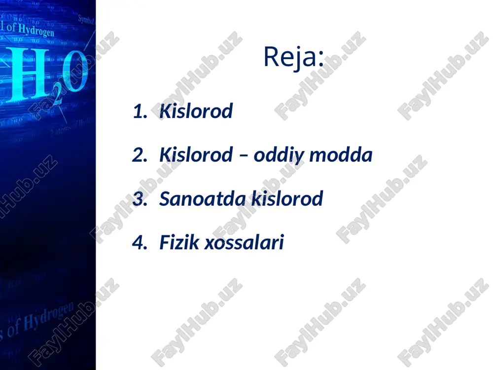 n gaz (0°c da 1 l suvda 490 ml ozon eriydi). ozon osonlik bilan parchalanadi: o3 = o2 + [o]; 2[o] = o2. ozon laboratoriyada ozonator yordamida olinadi. image1.jpeg image2.jpeg image3.jpeg image4.png image5.png image6.jpeg image7.jpeg image8.jpeg image9.jpeg image10.png image11.jpeg image12.jpeg image13.jpeg image14.jpeg image15.gif image16.jpeg image17.jpeg image18.jpeg image19.jpeg image20.jpeg image21.jpeg image22.jpeg image23.jpeg 120320-f-up786-272 /docprops/thumbnail.jpeg