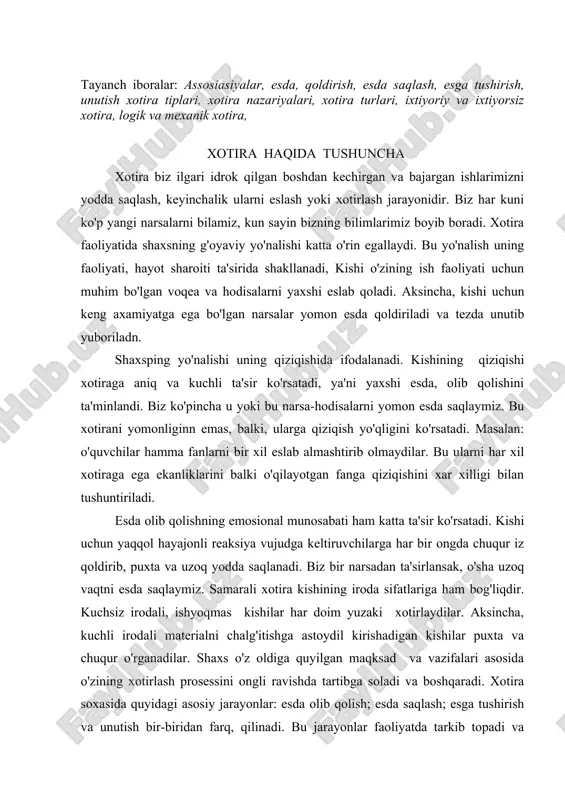 shyoqmas kishilar har doim yuzaki xotirlaydilar. aksincha, kuchli irodali materialni chalg'itishga astoydil kirishadigan kishilar puxta va chuqur o'rganadilar. shaxs o'z oldiga quyilgan maqksad va vazifalari asosida o'zining xotirlash prosessini ongli ravishda tartibga soladi va boshqaradi. xotira soxasida quyidagi asosiy jarayonlar: esda olib qolish; esda saqlash; esga tushirish va unutish bir-biridan farq, qilinadi. bu jarayonlar faoliyatda tarkib topadi va belgilanadi. ma'lum materialni esga olib qolish hayo faoliyati davomida individual, ya'ni shaxsiy tajribani to'plash bilan bog'liqdir, xotiraning nerv - fiziologik asoslari esda olib qolish nerv tizimining, miyaning egiluvchan,ya'ni o'zgaruvchanlik, qo'zg'atuvchilar ta'sirida o'zida go'yo bir iz tarzida qoldirish, saqlash imkoniyati tufayli yuzaga keladi. har qanday kishining miyasi egiluvchanlik xususiyatiga ega bo'lib, lekin uning darajasi har xil bo'ladi. shaxs xotirasining sifati miyaning aktivligi va turli faoliyatiga to'g'ridan-to'g'ri bog'liq ravishda rivojlanadi. atrofini o'rab olgan borliqni aktiv bo'luvchi kishi o'zi miyasi faoliyatida beto'xtov kuchaytiradi. shu bilan birga uning egiluvchanlik darajasini oshiradi. miya egiluvchanligi va tinch pasayishi …