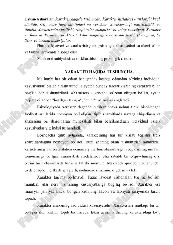 sning individual xususiyatidir. xarakterlari mutlaqo bir xil bo`lgan ikki kishini topib bo`lmaydi, lekin ayrim kishining xarakteridagi ko`p narsalar bir guruh kishilar uchun yoki hatto butun jamiyat uchun tipik bo`lishi mumkin. jamiyat a`zosi bo`lgan kishining voqelikka bo`lgan munosabatida vujudga keladigan va uning xulq-atvori hamda hatti-harakatida ta`sir qoldiradigan muhim, barqaror psixik xususiyatlarning majmui xarakter deyiladi. odam harakatlarining sifati va usullari faqat shaxsning munosabatlarigagina bog`liq bo`lmay, balki iroda, hissiyot, diqqat, aqliy xususiyatlarga, ya`ni psixik xususiyatlarning individual xususiyatlariga ham bog`liq. shuning uchun ham kishi faoliyatida qanday psixik jarayonlar ustun turishiga qarab xarakter xususiyatlarini intellektual, emosional va iroda xususiyatlariga ajratish mumkin. xarakterning ko`p xislatlari odamning hatti-harakatini belgilab beruvchi chuqur va faol mayllar hisoblanadi. ma`lumki turli kishilarning xarakteri turlicha. shu sababli ham bir xil sharoitlarda, aynan bir xil maqsadga intiluvchi kishilar shu maqsadga erishish uchun zarur bo`lgan harakatning turli usullariga moyil bo`ladilar. bu erda xarakter xislatlari undovchi kuch sifatida nomoyon bulayapti. odam xarakter xislatlarining undovchilik kuchi …