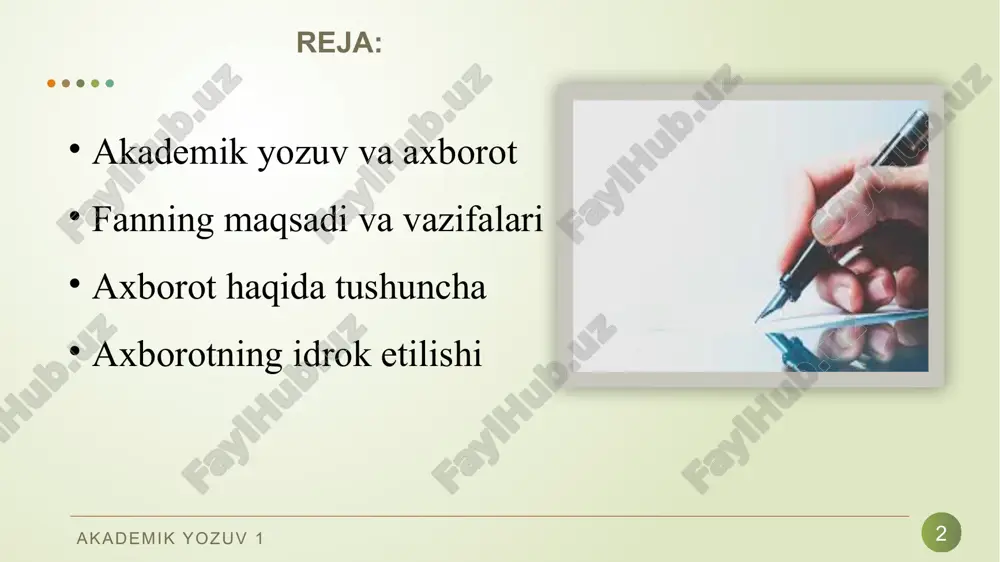 zilishi va uni rasmiy- lashtirishga qo‘yiladigan talablarning mavjudligi; akademik yozuv 1 8 “axborot” so‘zi lotincha informatio so‘zidan kelib chiqqan bo‘lib, ma’lumot, tushuntirish, tanishtirish kabi ma’nolarni anglatadi. axborot tushunchasi antik faylasuflar tomonidan qo‘llanila boshlagan. xx asrda axborot nazariyasi masalalari bilan kibernetika va informatika sohalari shug‘ullana boshlagan. axborot akademik yozuv 1 9 axborot deb inson sezgi organlari orqali qabul qiladigan barcha ma’lumotlarga aytiladi. inson sezish a’zolari, texnikada turli asboblar va hokazolar yordamida qayd etiladigan tashqi dunyo dalillari ma’lumotlar deb ataladi. ma’lumotlar aniq vazifalarni hal etishda zarur va foydali deb topilsa, axborotga aylanadi. axborot deganda atrof-muhitdan (tabiatdan yoki jamiyatdan), sezgi a’zolarimiz (ko‘z, quloq, burun, og‘iz, teri) orqali qabul qilib, anglab oladigan har qanday ma’lumotni tushunamiz. axborot akademik yozuv 1 10 ma’lumotlarning axborotdan farqi nimada? ma’lumotlar - bu ba’zi bir sabablarga ko‘ra ishlatilmaydigan, faqat saqlanadigan narsalar va hodisalarni kuzatish natijalari. ma’lumotlar har qanday amaliy maqsadlarda ishlatila boshlanishi bilanoq, ular ma’lumotga aylanadi. axborot - bu …