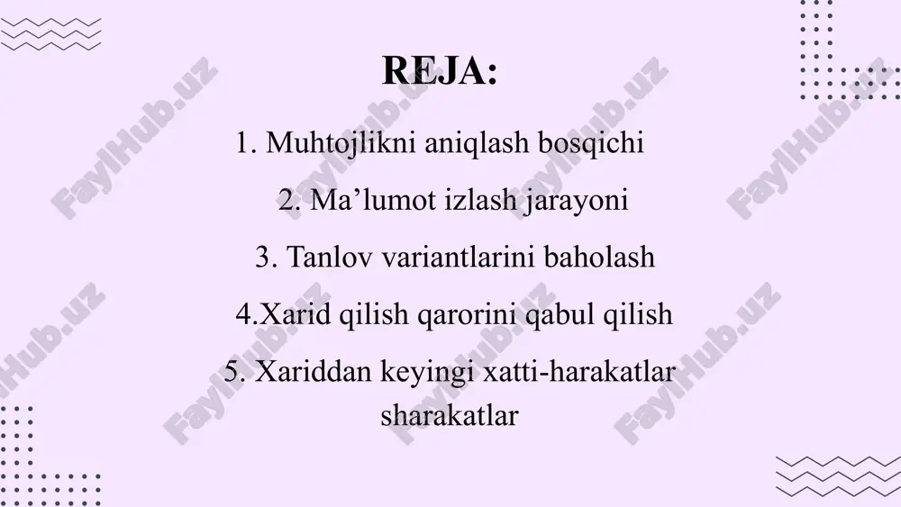 , izlanish kuchliroq bo‘ladi. risk darajasi yuqori bo‘lsa (sog‘liqqa yoki pulga ta’siri katta bo‘lsa), iste’molchi ko‘proq o‘rganadi. oldingi tajriba kam bo‘lsa, izlanish ko‘proq bo‘ladi. iste’molchi quyidagi turlardagi ma’lumotlarni izlaydi: funktsional ma’lumot – mahsulotning qanday ishlashi, foydalari. narx va sifat bo‘yicha ma’lumot – arzonroq va yaxshiroq variantlarni taqqoslash. ijtimoiy fikr – boshqa odamlarning sharhlari, baholari (ijtimoiy tarmoqlar, forumlar). tanlov variantlarini baholash bu bosqichda iste’molchi o‘z ehtiyojiga mos keladigan mahsulot yoki xizmatlar orasidan eng yaxshisini tanlash uchun ularni taqqoslaydi va baholaydi baholash mezonlari iste’molchilar turli mezonlarga qarab tanlov qiladi, masalan: narxi – byudjetga mos keladimi? sifati – uzoq xizmat qiladimi, ishonchlimi? brendi – taniqli va ishonchli kompaniya mahsulotimi? qo‘shimcha funksiyalar – raqobatchilarga qaraganda afzalliklari bormi subyektiv va obyektiv baholash obyektiv baholash – raqamlar, texnik ko‘rsatkichlar, solishtirish jadvallari asosida amalga oshiriladi. subyektiv baholash – shaxsiy his-tuyg‘u, do‘stlar maslahatlari yoki brendga bo‘lgan ishonch asosida bo‘ladi. xarid qilish qarorini qabul qilish xarid qilish qarorini qabul …