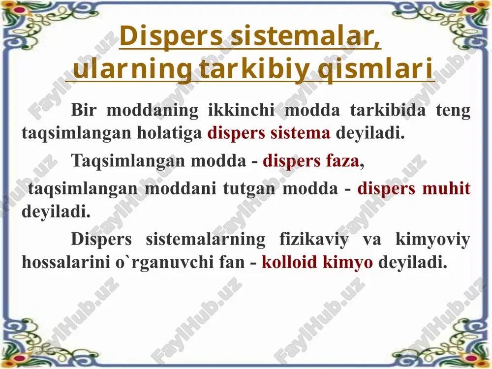 zator) yordamida geldan yana zolga o`tkazish usuli kolloid dispers sistemalarning olinish usullari kondensatsiya (zarrachalarni yiriklashtirish) usullari: kimyoviy reaksiyalar asosida: oksidlanish-qaytarilish, gidroliz, almashinish va boshqalar; erituvchini almashtirish usuli - bunda bir erituvchida molekula holida bo`lgan erigan modda zarrachalari, boshqa erituvchida kolloid zarracha holatigacha yiriklashadi. kolloid dispers sistemalarni tozalash usullari 1. dializ - kolloid eritmani tayorlashda ortiqcha olingan elektrolit ionlarini yarim o`tkazgich membrana orqali toza erituvchi tomonga o`tish qobiliyatiga asoslangan tozalash usuli. 2. elektrodializ - elektr maydoni ta`sirida elektrolit ionlari harakati ortishi hisobiga dializni tezlashtirish. 3. ultrafiltrlash - g`ovaklari juda mayda bo`lgan maxsus ultrafiltr yordamida dispers fazani dispers muhitdan ajratib, yuvib, yana kolloid holatiga o`tkazish. dializator shemasi zol h2o + - zol h2o h2o elektrodializator shemasi kolloid zarrachalarning tuzilishi kondensatsiya usuli bilan olingan kumush hlorid zolining tuzilishi: agno3 + kcl = agcl + kno3 ortiqcha elektrolit zol magcl nag+ (n-x) no3- x+ xno3- yadro pbi dif.qav. qarshi ionlar ads-n qavat granula mitsella …