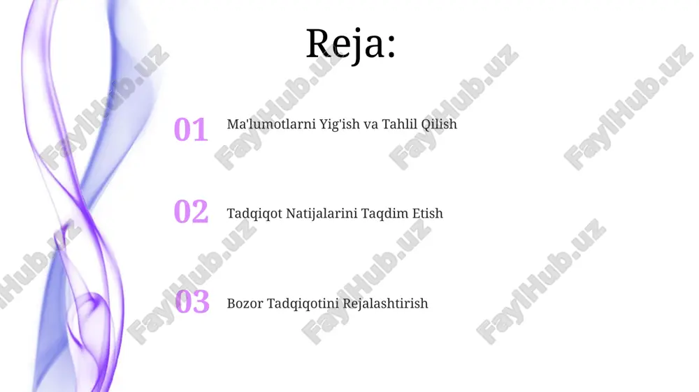 erak. onlayn so'rovnomalar yordamida ma'lumot yig'ishda 20-30% javob olish odatiy holdir. javob berish darajasini oshirish uchun rag'batlantiruvchi takliflar qo'llash mumkin. natijalarni taqdim etish natijalarni taqdim etishda, 70% grafikalar va diagrammalar, 30% esa matnli tushuntirishlardan foydalanish maqsadga muvofiqdir, bu auditoriyani jalb qilish va ma'lumotlarni oson tushunishini ta'minlaydi. tadqiqot natijalarini har xil segmentlarga (demografik, geografiya) bo'lib taqdim etish, maqsadli auditoriyangizni aniqroq tushunishga yordam beradi, masalan, 5 ta asosiy segmentni ajratish va har birining xususiyatlarini ko'rsatish mumkin. namunani tanlash namunani tanlashda, 30% tasodifiy, 70% maqsadli namunalar usuli yordamida ma'lumotlar to'plash samaradorligini oshirish mumkin. stratifikatsiyalangan namunalar usuli, respondentlarni demografik ko'rsatkichlar bo'yicha 5 yoki undan ortiq guruhlarga ajratish orqali, aniqroq natijalarga olib keladi. byudjet va vaqt rejasi loyihaning umumiy muddati 6 haftadan oshmasligi uchun, har bir bosqich uchun aniq vazifalar va bajarilish muddatlari bilan gannt diagrammasi tuzish tavsiya etiladi. tadqiqot byudjeti kamida 50 million so'mni, shuningdek, kutilmagan xarajatlar uchun qo'shimcha 10%ni o'z ichiga olishi kerak. …