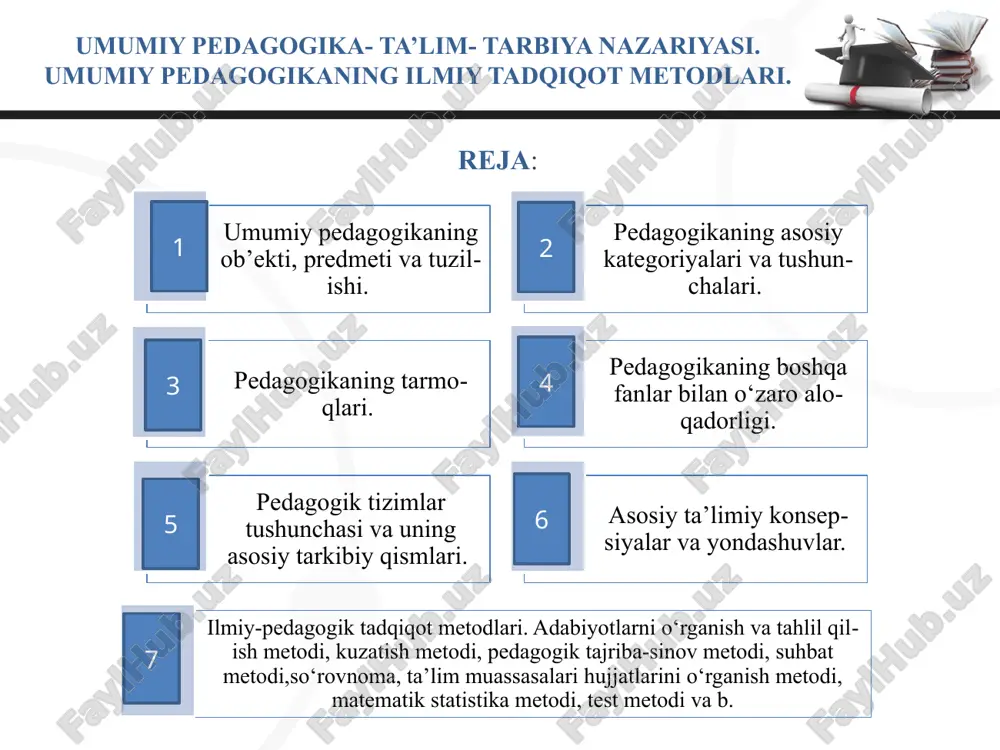 arbiya jarayonining mazmuni, tarbiya turlari, shakl, metod, vosita va usullari, uni tashkil etish masalalarini o‘rganadi pedagogika fanining obyekti yaxlit pedagogik jarayon predmeti ta’lim-tarbiya jarayoni, mazmuni, qonuniyatlari, tamoyillari, shakl, metod va vositalari. pedagogika shaxsni shakllantirishdek ijtimoiy buyurtmani bajarish asosida jamiyat taraqqiyotini ta’minlashga alohida hissa qo‘shadi. pedagogika fani maqsadi va vazifalarining belgilanishida ijtimoiy munosabatlar mazmuni, davlat va jamiyat rivojlanish strategiyasi, uning hayotida yetakchi o‘rin tutuvchi g‘oyalar mohiyati muhim ahamiyatga ega pedagogika fanining vazifalari pedagogika fanining asosiy kategoriyalari click to add title 4 shaxs click to add title 2 click to add title 3 click to add title 5 psixologik jihatdan taraqqiy etgan, shaxsiy xususiyatlari va xatti-harakatlari bilan boshqalardan ajralib turuvchi, muayyan xulq-atvor va dunyoqarashga ega bo‘lgan jamiyat a’zosi. har bir fan o‘zining tayanch tushunchalari, qonuniyatlari, tamoyillari, qoidalari tizimiga ega. aynan mana shu holat uning fan sifatida e'tirof etilishini kafolatlaydi. pedagogikaning asosiy kategoriyalari va tushunchalari. fanning mohiyatini ochib beruvchi eng muhim, asosiy tushuncha …