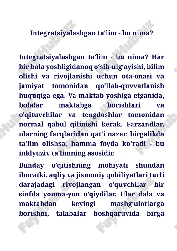 qilmaydi yoki ajratmaydi, an'anaviy ravishda marginal guruhlarga nisbatan kamsitishni qo'llab-quvvatlamaydi. axir, individual maxsus ta'lim alohida e'tiborga muhtoj bo'lgan bolalar uchun muvaffaqiyatga kafolat bermaydi. integratsiyalashgan oʻquv tajribasini qoʻllab-quvvatlaydigan va qoʻllab-quvvatlaydigan maktablar ancha yaxshi natijalarga erishadi. integratsiyalashgan ta'limning asosiy elementlari o'qituvchilarga talabalarning barcha ehtiyojlari va ehtiyojlarini qondirishga yordam beradigan yordamchilar, o'qituvchilar yoki mutaxassislarni jalb qilish, butun guruh bilan ishlash. alohida ta'limga muhtoj bolalar uchun moslashtirilgan o'quv dasturi. ishtirok etishota-onalar. aksariyat maktablar ota-onalarning ma'lum darajada ishtirok etishini maqsad qilgan, lekin bu ko'pincha choraklik yig'ilishlar bilan cheklanadi. hamma va hamma uchun integratsiyalashgan ta'lim - bu ularning jismoniy, intellektual, ijtimoiy yoki til rivojlanishidan qat'i nazar, jamiyatdagi barcha bolalarni qabul qilishdir. guruhga ko'pincha kam ta'minlangan bolalar, shuningdek, barcha irq va madaniyat vakillari kiradi. iqtidorli talabalar va imkoniyati cheklangan bolalar sinfda mukammal birga yashaydilar. integratsiya, albatta, bir zumda sodir bo'lmaydi, buning uchun puxta rejalashtirish, ijobiy munosabat, muayyan xatti-harakatlar modeli, zarur ixtisoslashtirilgan yordamdan foydalanish, bir so'z bilan aytganda, …