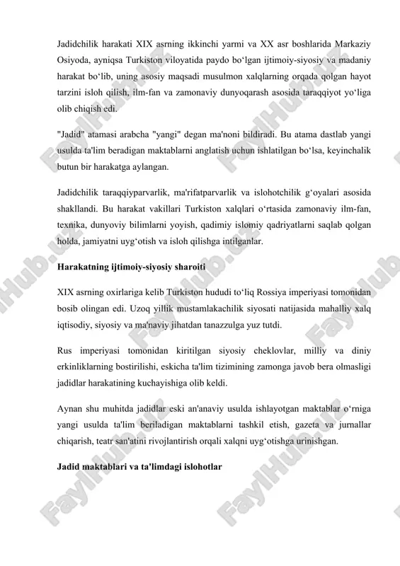 ablarida quyidagi o‘zgarishlar amalga oshirilgan: · yangi usulda o‘qitish (boshlang‘ich bilimlar bilan birga dunyoviy fanlar: matematika, geografiya, fizika, tabiatshunoslik o‘rgatilgan); · o‘quvchilarga yozma va og‘zaki nutqni o‘rgatish; · o‘qitishda bosma darsliklardan foydalanish; · rus, turk va boshqa xorijiy tillarni o‘rgatish; · qizlar ta'limiga e'tibor qaratish. bu maktablar qadimgi uslubda ishlovchi maktablar (maktabi qadim)dan tubdan farq qilgan va ko‘plab ziyolilar, savdogarlar tomonidan qo‘llab-quvvatlangan. matbuot va ommaviy axborot vositalarining rivojlanishi jadidlar matbuot vositalaridan samarali foydalanganlar. ular gazeta va jurnallar orqali jamiyatni uyg‘otishga, yangi g‘oyalarni yoyishga harakat qilishgan. ularning eng muhim nashrlari quyidagilar edi: · "taraqqiy" (1906) · "shuhrat" (1907) · "sadoi turkiston" · "hurriyat" · "oyna" · "najot" bu nashrlar orqali jadidlar ma'rifat, taraqqiyot, siyosiy uyg‘onish, milliy birlik, xalqaro vaziyat, dunyo yangiliklari, zamonaviy ta'lim va islohotlar haqida fikr yuritishgan. jadid adabiyoti va sahna san'ati jadidlar o‘z g‘oyalarini faqat maktab va gazeta orqali emas, balki badiiy adabiyot va sahna orqali ham yoyganlar. ularning …