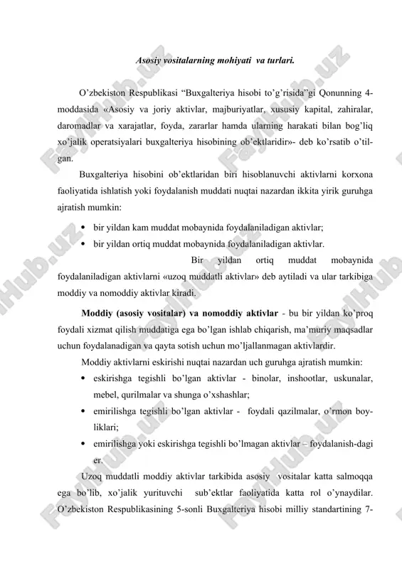 rol o’ynaydilar. o’zbekiston respublikasining 5-sonli buxgalteriya hisobi milliy standartining 7-bandida asosiy vositalarga quyidagicha ta’rif berilgan: «asosiy vositalar - moddiy ishlab chiqarish va noishlab chiqarish sohalarida uzoq (bir yildan ortiq) muddat davomida foydalaniladigan hamda ijaraga berish uchun mo’ljallangan moddiy aktivlardir». berilgan ta’rifga ko’ra, asosiy vositalarning asosiy xususiyatlari - korxonalar faoliyatida uzoq muddat mobaynida foydalanishi yoki ijaraga be-rilishidir. shuningdek, ularning yana boshqa xususiyatlari – xizmat muddati mo-baynida o’zini natural-buyum shaklini saqlab qolishi va o’z qiymatini sekin-asta eskirish tariqasida chiqarib borishidir. asosiy vositalar tarkibi, xizmat muddati, qiymati va boshqa bir qator ji-hatlari bo’yicha turlicha bo’lishi ularni hisobga olishda ham bir qator muammo-larni yuzaga keltiradi. asosiy vositalarning foydali xizmat qilish muddati davomida davriy es-kirish hisoblab boriladi. bir qator asosiy vositalarning barcha qiymati eski-rish yo’li bilan hisobdan chiqarib borilsa, boshqa bir turdagi asosiy vosi-talarning tugatish qiymatidan qolgan qismi eskirish tariqasida hisobdan chiqarib boriladi. asosiy vositalarni hisobga olishda e’tibor beriladigan yana bir masala bu ularning qaysi …