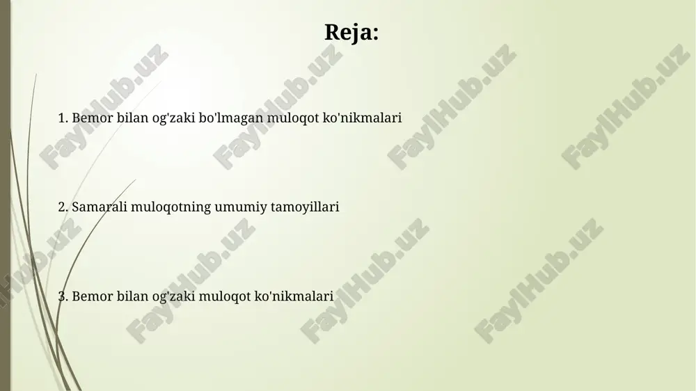 a yuqori. yuqori darajadagi empatiya bemorning his-tuyg'ularini aniqlash va unga mos munosabat bildirish qobiliyatini 80% dan yuqori darajada namoyon qiladi. muloqot to'siqlarini bartaraf etish muloqot to'siqlarini bartaraf etishda bemorning madaniy kelib chiqishi va shaxsiy qarashlarini hisobga olish, kamida 3 ta turli muloqot usulini qo'llash samaradorligini 20% ga oshirishi mumkin. bemorning og'riq darajasi va his-tuyg'ularini aniqlash uchun, yopiq va ochiq savollarni birgalikda ishlatish, 50% hollarda aniqroq tashxis qo'yishga yordam beradi. tananing tili “tananing tili” bemor bilan muloqotda 70% dan ortiq axborotni yetkazishi mumkin, shuning uchun shifokorning mimikasi, imo-ishoralari va holati juda muhim. ko'z aloqasi – “tananing tili”ning muhim tarkibiy qismi hisoblanadi; 3-5 soniya davomida bemorga qarash ishonch va tushunishni namoyish etadi, lekin uzoqroq qarash noqulaylik tug'dirishi mumkin. bemor bilan og'zaki muloqot bemor bilan suhbat davomida kamida 70% vaqtni faol tinglashga ajrating, bu bemorning ishonchini oshiradi va to'liq ma'lumot olish imkonini beradi. bemorning nutq tezligi, intonatsiyasi va pauzalarini kuzatib, uning hissiy holatini …