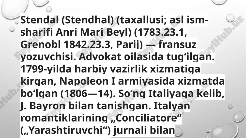 sida yondashish, voqealar va harakterlarning haqqoniyligiga erishish, xulq-atvorlarni sinchkovlik bilan oʻrganish, ong-shuur harakatini tahlil etish haqidagi talablari s. realizmining asosini tashkil etadi. . „armans“ romanida shu prinsiplarga amal qilishga uringan boʻlsada, bu prinsiplar yozuvchining shoh asari — „qizil va qora“ romanida oʻzining mukammal ifodasini topgan. qizil va qora—fransuz yozuvchisi stendal qalamiga mansub roman. ilk bora 1830-yil 13-noyabrda a.levasseur nashriyotida chop etilgan. asar voqealari 1820-yillarda fransiyada boʻlib oʻtadi. ushbu roman xix asrning soʻnggi choragida psixologik realizmning ilk namunasi sifatida tanilgan. „qizil va qora“ romani s. ning yuksak mahorati bilan 19-asrning taeutiliy xronikasi darajasiga koʻtarildi. asarda „salon hayotidan koʻrinishlar“gina emas, balki tiklanish davridagi qariyb butun fransiyaning hayoti oʻz aksini topgan. s. jyulyen sorel obrazini yaratish orqali fransuz jamiyatining ijtimoiy tabiatini va bu jamiyatda kechgan kurashni katta badiiy kuch bilan koʻrsatgan bosh qahramon: julian sorel – kambag‘al oiladan chiqqan, lekin ulkan ambitsiyalarga ega yosh yigit. u o‘z hayotini o‘zgartirishni, yuqori ijtimoiy tabaqaga ko‘tarilishni …