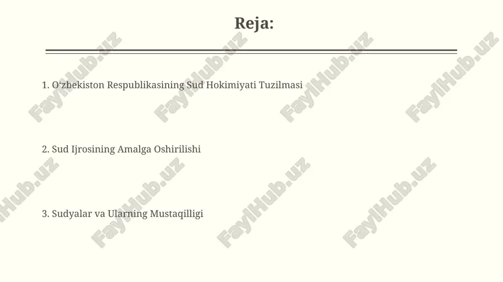 итуцияда 15 дан ортиқ модда мавжуд бўлиб, улар судьяларнинг бетарафлиги ва мустақил қарор қабул қилиш ҳуқуқини кафолатлайди. sudlarning turlari va vakolatlari o‘zbekiston respublikasining sud tizimi 3 bosqichdan: mahalliy, viloyat va oliy sudlardan iborat bo‘lib, ularning har biri o‘z vakolat doirasida 1-instansiya va apellyatsiya sud sifatida ish ko‘radi. konstitutsiyaviy sud 15 nafar sudyadan iborat bo‘lib, konstitutsiyaviy qonunlarning muvofiqligini tekshiradi va konstitutsiyaga zid bo‘lgan qonun hujjatlarini bekor qilish huquqiga ega. oliy sudning vazifalari va vakolatlari oliy sud konstitutsiyaga muvofiq, 15 nafar sudyadan iborat boʻlib, ularning vakolat muddati 10 yilni tashkil etadi. oliy sudning vakolatiga fuqarolik, jinoyat va ma’muriy ishlar boʻyicha kassatsiya va nazorat instansiyasi sifatida qarorlarni qayta koʻrib chiqish kiradi. fuqarolik ishlarini koʻrish tartibi fuqarolik ishlarini koʻrish tartibida sud 1 oy ichida ishni koʻrib chiqishni tugallashi kerak, ammo murakkab holatlarda ushbu muddat 2 oygacha uzaytirilishi mumkin. da'vo arizasi berilgandan keyin, sud tomonidan 5 kun ichida uni qabul qilish yoki rad etish toʻgʻrisida …
