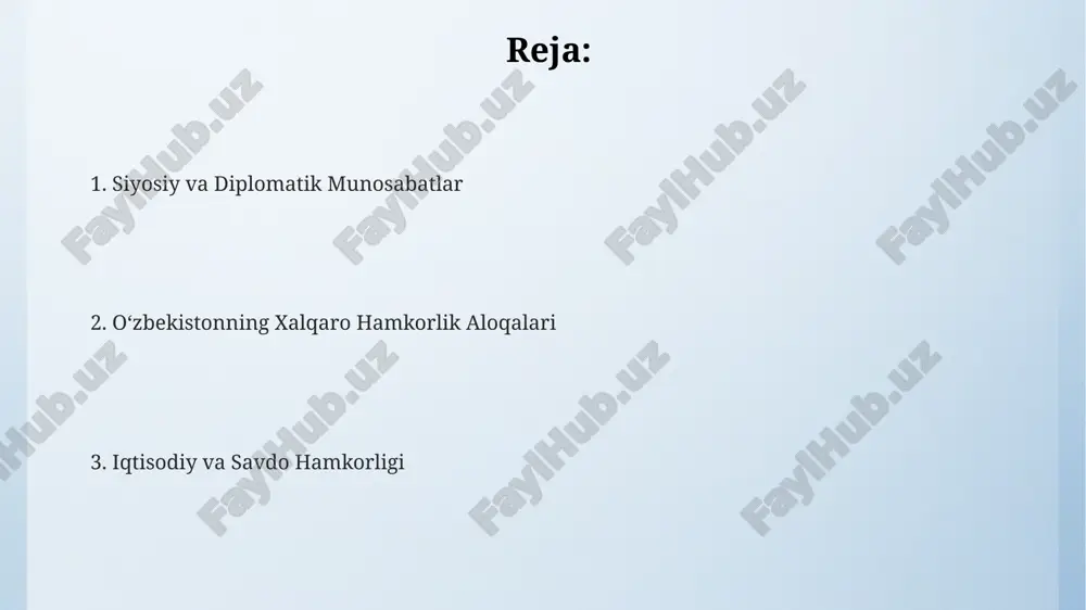 ogʻiston bilan energiya va transport sohalarida faol hamkorlikni amalga oshirmoqda. xavfsizlik sohasidagi hamkorlik terrorizmga qarshi kurashda oʻzbekiston, xalqaro tashkilotlar, shu jumladan, bmt bilan hamkorlikda, 2017 yildan buyon 500 dan ortiq terrorchilikka oid jinoyatlarni fosh qildi. davlat chegaralarini himoya qilish boʻyicha oʻzbekiston qoʻshni davlatlar bilan hamkorlikda texnologik yangilanishlarni amalga oshirdi, buning natijasida chegarani buzish holatlari 20% ga kamaydi. oʻzbekiston 2023-yilda xavfsizlik sohasida 15 dan ortiq mamlakat bilan ikki tomonlama va koʻp tomonlama shartnomalar imzolagan, bu mintaqaviy barqarorlikni mustahkamlashga qaratilgan. iqtisodiy hamkorlik xitoy va rossiya oʻzbekistonning eng yirik savdo hamkorlari boʻlib, ikki tomonlama savdo hajmi yillik oʻrtacha 15% ga oʻsmoqda. oʻzbekiston yevropa ittifoqi bilan 2020-yilda imzolangan keng qamrovli va takomillashtirilgan sheriklik va hamkorlik toʻgʻrisidagi shartnoma iqtisodiy hamkorlikni yanada chuqurlashtirishga yoʻnaltirilgan. oʻzbekistonning 2023-yilda xorijiy davlatlar bilan savdo aylanmasi 50 milliard aqsh dollaridan oshdi, bu iqtisodiy hamkorlikning sezilarli darajada oʻsishini koʻrsatadi. xalqaro tashkilotlardagi ishtiroki o‘zbekiston bmtning 1992-yildan beri a’zosi bo‘lib, uning 15 ta ixtisoslashgan …