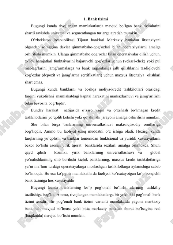 varianti mamlakatda yagona markaziy bank hali mavjud bo’lmasa yoki bitta markaziy bankdan iborat bo’lsagina real (haqikatda) mavjud bo’lishi mumkin. ammo tsivilizatsiya darajasidagi bozor iqtisodiyoti sharoitiga ikki pog’onali bank tizimi hos. bunda birinchi pog’ona banklari-bu markaziy bank, ikkinchi quyi pog’ona esa-tijorat banklari va kredit tashkilotlaridir. markaziy bank-bank tizimi mavjud bo’lgan barcha davlatlar pul-kredit tizimining asosini tashkil qiladi. markaziy bankning moliya bozoridagi o’rni mamlakatda bozor munosabatlarining rivojlanish darajasiga va xususiyatiga bog’liq. bu esa o’z navbatida ikki pog’onali bank tizimini shakllanishiga asosiy omil bo’lib hisoblanadi. chunki buning tepasida markaziy bank bo’ladi. ikki pog’onali bank tizimining zarurligi bozor munosabatlarining qaramaqarshiliklaridan kelib chiqadi. bir tomondan, bu xususiy moliya mablag’laridan erkin foydalanish huquqini talab qiladi. bu quyi pog’ona banklar-tijorat banklari orqali amalga oshiriladi. ikkinchi tomondan, bu munosabatlarni ma’lum miqdorda tartibga solish nazorat qilish maqsadli yo’naltirish zarur. bunday maxsus institut sifatida markaziy bank yuzaga chiqadi. yuqorida ko’rib o’tganimizdek bank faoliyatini maxsus litsenziya asosida amalga oshiriladigan faoliyatdir. biz …