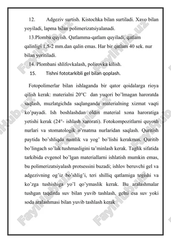 materiallarni ishlatish mumkin emas, bu polimerizatsiyalash protsessini buzadi; ishlov beruvchi gel va adgezivning og’iz bo’shlig’i, teri shilliq qatlamiga tegishi va ko’zga tushishiga yo’l qo’ymaslik kerak. bu aralashmalar tushgan taqdirda suv bilan yuvib tashlash, gelni esa suv yoki soda aralashmasi bilan yuvib tashlash kerak · folakor-s. birinchi mahalliy yorug’likda qotuvchi kompozitsion material. tarkibida 80% maydalangan alyumoboro-silikat shishasi bor. qattiq, mustaxkam, kam suv yutadi va rentgenokontrastlilik xususiyati bor. 3 xil rangda ishlab chiqariladi: och rang, universal, to’q rang. komplektga kiradi: shpritslarda pasta, adgeziv ost-katlam, ishlov beruvchi gel. 3, 4, 5-sinf bo’shliqlarini plombalashga mo’ljallangan, ba’zi xollarda agar chaynov bosimi kam bo’lgan xolda 1 va 2-sinfni xam. · kompadent-s. analogik yoruglikda kotuvchi kompozitsion. · prizmafil —2,8—3,2 mkm li to’ldiruvchi bo’laklari bilan kompozit, to’ldiruvchanligi — 76%. komplektda 7 xil yorug’lik o’tkazmaydigan shprits, emal adgezivi, emalga ishlov beruvchi gel. iii—v sinflarni plombalashga mo’ljallangan. ranggi stabil, yaxshi polirovka qilinadi. · unirest —1 mkm li to’ldiruvchi bo’laklari bilan …