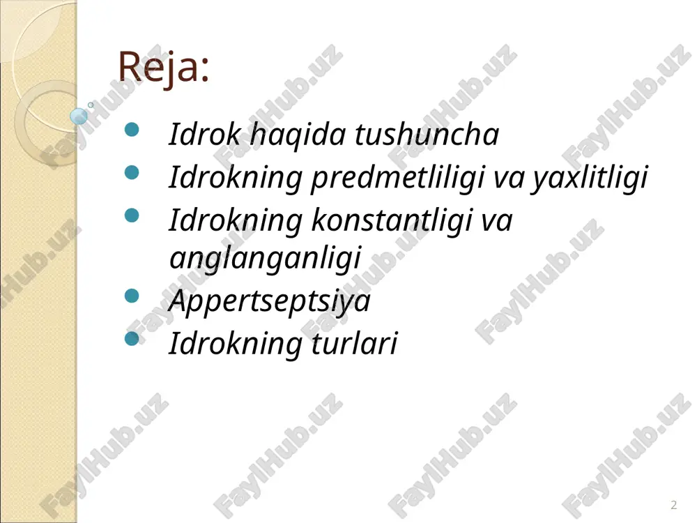 qaratilmagan bo‘lar edi. * idrokning murakkabligi sezgilar oddiy elementar psixik jarayondir. idrok esa sezgilarga qaraganda murakkab psixik jarayon hisoblanadi. * idrokning predmetliligi va yaxlitligi. predmetlilik idrokning sifati tarzida ish-harakatlarni boshqarishda alohida rol o‘ynaydi. bu xususiyat yordamida tashqi olamdan olingan ma’lumotlarni ana shu olamning o‘ziga solishtirib ko‘riladi va idrok obrazlarining real predmetlariga adekvat (mosligi) taminlanadi. tashqi olam bilan aks ettirilishi mos kelmay qolgan xollarda odam to‘g‘riroq aks ettirishni ta’sinlovchi idrokning yangi usullarini qidirishga majbur bo‘ladi. * idrokning yaxlitligi. yukorida ko‘rsatganimizdek, idrok sezgi a’zolariga ta’sir kiluvchi narsa va hodisalarning ayrim xususiyatlarini aks ettiruvchi sezgilardan farqli ravishda, narsalarning yaxlit obrazidir. o‘z-o‘zidan ravshanki, bu yaxlit obraz turli modallikdagi sezgilar orkali olingan narsalarning ayrim xususiyat va sifatlari haqidagi bilimlarni umumlashtirish asosida vujudga keladi. * idrokning murakkabligi quyidagilarda ifodalanadi: har bir idrok tarkibiga ayni vaqtda bir necha sezgi kiradi. masalan, qovunni idrok qilish. bunda quyidagi sezgilar ishtirok etadi qovunning shakli va rangini aks etgiruvchi ko'rish sezgisi, …