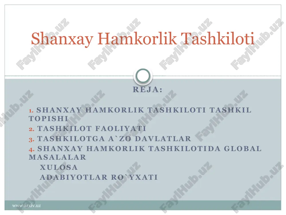 qisqartirish (1997) toʻgʻrisida 2 ta bitim imzolangan edi. 1998 y.dan "beshlik" mamlakatlarining oʻzaro hamkorligi sobiq sovet ittifoqi — xitoy chegarasi boʻylab harbiysiyosiy vaziyatni barqarorlashtirish masalalaridan mintaqaviy xavfsizlik va koʻp tomonlama iqtisodiy hamkorlikni taʼminlash choralariga oʻtishga qaratildi. www.arxiv.uz www.arxiv.uz tashkilotning asosiy vazifasi: www.arxiv.uz iqtisodiy hamkorlikni tashkil etish mintaqaviy xavsizlikni taminlash shanxay hamkorlik tashkiloti shhtning dushanba (2000) sammitida oʻzbekiston respublikasi birinchi marta kuzatuvchi sifatida qatnashdi. ana shu sammitda "beshlik" negizida koʻp tarmoqli tashkilot tuzish toʻgʻrisida taklif ilgari surildi. shht taʼsischilaridan biri sifatida ishtirok etish haqidagi qarorni oʻzbekiston oʻz milliy manfaatlaridan kelib chiqib, markaziy osiyo mintaqasidagi harbiysiyosiy vaziyatni hisobga olgan holda qabul qildi. shanxay sammitida (2001 y. iyun) yangi tashkilotning maksad va prinsiplarini eʼlon qilgan deklaratsiya, shuningdek, terrorizm, ayirmachilik va ekstremizmga qarshi kurash toʻgʻrisidagi konvensiya qabul qilindi. www.arxiv.uz shanxay hamkorlik tashkiloti shxt doirasida a’zo mamlakatlarning tashki siyosat maxkamalari, iktisodiyot va savdo vazirliklari, xavfsizlik kengashlari urtasida muntazam mulokotlar utkazilmokda. toshkent sammiti arafasida xam bu …