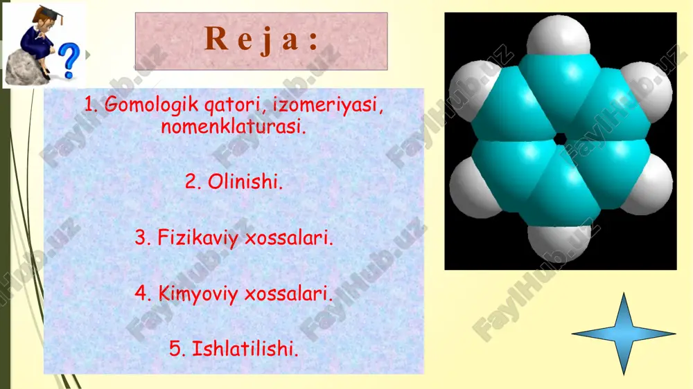 l i n i s h i dyuma usuli orqali natriy benzoati dekarboksillash reaksiyasi orqali o l i n i s h i 13 zelinskiy usuli: siklogeksanni degidrogenlab fizik xossalari bir nechta kichik radikali bor izomer bitta katta radikali bor izomerdan yuqori t0 qaynaydi. o-izomer, p-izomerdan yuqori qaynash haroratiga ega, lekin p-izomer o-izomerdan yuqori t0 da suyuqlanadi. mr ortishi bilan qaynash temperaturasi ortadi. har bir ch2 – metilen guruh qaynash t0 ni 300 ga oshiradi. benzol – rangsiz, uchuvchan, yonuvchan, suvda erimaydigan o`ziga xos xidli suyuqlik. qaynash t0 – 80,10. sovutilganda osongina qotib oq kristall moddaga aylanadi. suyuqlanish t0 – 5,50. bug`lari havo bilan portlovchi aralashma xosil qiladi. suyuq benzol va uning bug`lari – zaharli. kimyoviy xossalari benzolga xlorning uch xil ta’siri kimyoviy xossalari 16 o’rin olish reaksiyalari galogenlanishi. beylshteyn reaksiyasi. kimyoviy xossalari 17 o’rin olish reaksiyalari nitrolanishi nitrobenzol kimyoviy xossalari 18 o’rin olish reaksiyalari sulfolanishi benzolga konsentrlangan sulfat kislota …