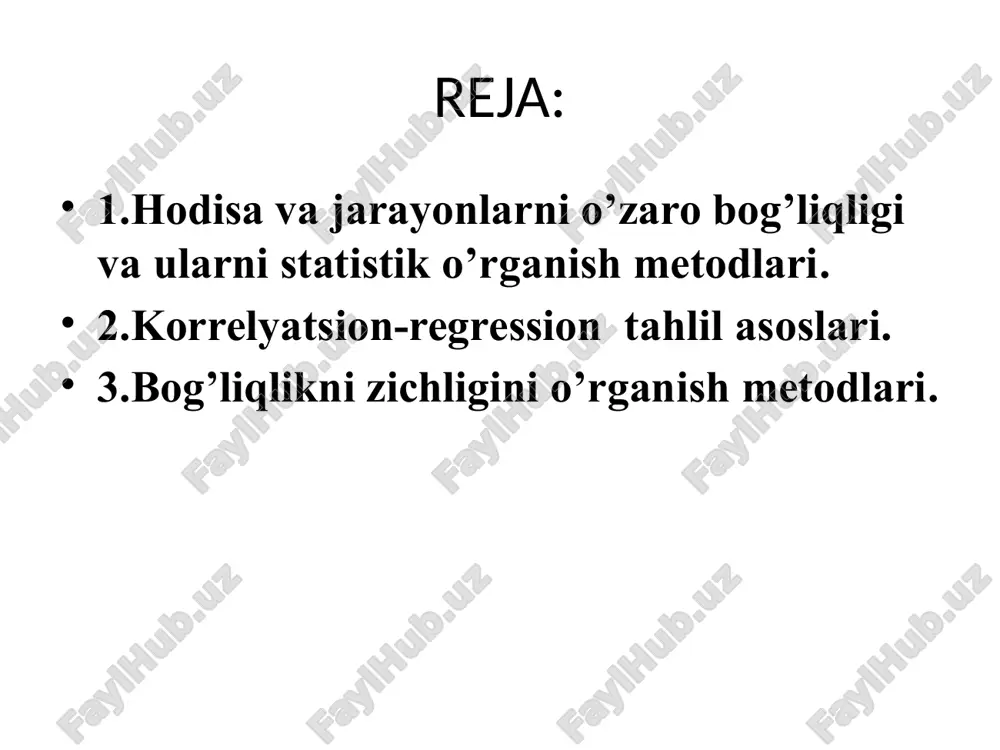 g’lanishning muhim xususiyati shundaki, bunda hamma omillarning to’liq ro’yxatini va ularning natijaviy belgi bilan bog’lanishini to’la ifodalovchi tenglamani yozish mumkin. masalan, uchburchakning yuzi (s) faqat uning asosi (a) bilan balandligi (h) ga bog’liq bu bog’lanish quydagi formula bilan to’la ifodalanadi. korrelyatsion (yoki noto’liq ) bog’lanishda omil belgining har bir qiymatiga natijaviy belgining aniq qiymati emas, balki har xil qiymatlari mos keladi. korrelyatsiya so‘zi lotincha “correlation” so’zidan olngan bo‘lib, o‘zaro munosabat, muvofiqlik, bo‘g`liqlik degan lug`aviy ma`noga ega. bu atamani statistika faniga ingliz olimi va statistik frensis gal`ton х1х-аsr oxirida kiritgan. kоrrеlyatsiоn tahlil оmil bеlgi(lar) va natijaviy bеlgi оrasidagi bоg'liqlik zichligini aniqlash uchun qo'llaniladi. 2.korrelyatsion-regression tahlil asoslari korrelatsion tahlil korrelatsiya koeffisentlarini aniqlash va ularning muhimligini, ishonchliligini boholashga asoslanadi. korrelyatsion tahlil o’rganilayotgan belgilarni tanlashdan boshlanadi. bu erda omil belgidan ko’ra natijaviy belgini tanlash muhimroqdir. chunki regressiya tenglamasi shaklini tanlash natijaviy belgiga bog’liq. natijaviy belgi tanlangandan so’ng, unga ta’sir qiluvchi omillardan eng muhimlari tanlab …