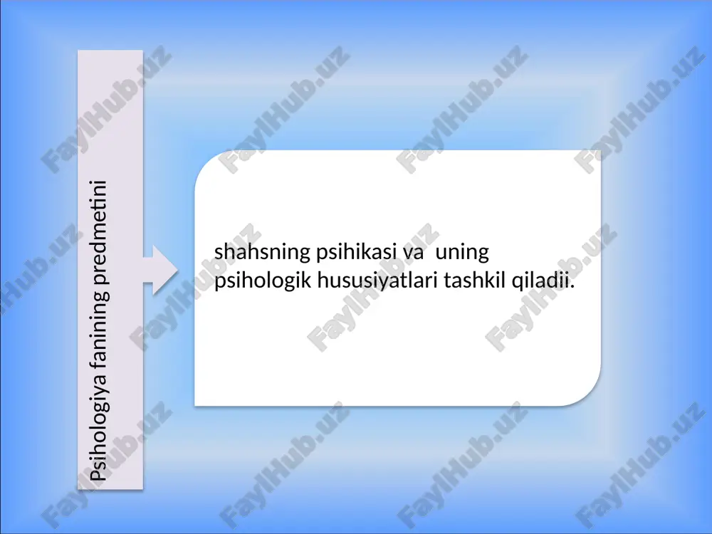 ng faoliyati davomida mukammallikka erishib boradi shahsning individualligi orqali namoyon bo'ladi doimo rivojlanib va takomillashib boradi animizm anima «jon» degan ma'noni anglatadi. jon o'z mohiyatiga ko'ra olovsimon uchqundan iborat ekanligi geraklit tomonidan, yoki olovsimon atomdan iboratligi demokrit tomonidan ta'kidlangan. 9 platon «ideyalar tug`ma bo'ladi» degan g`oyalari psihologik fikr taraqqiyotiga juda katta hissa qo'shdi. platon ta'limotiga ko'ra «ideyalar» mohiyati abadiy va o'zgarmas, ularning tabiiy olamdan tashqarida oliy olam mavjud bo'lib, ularni odam ko'zi bilan ko'ra olmaydi 10 platon psihologiyada «dualizm» oqimining asoschisi hisoblanadi. dualizm so'zi ikki yoqlamalik yoki ikki mustaqil fikr degan ma'noni anglatadi. dualizm ta'limoti mohiyati moddiy va ruhiy olam tana va psihikaning bir-biriga bog`liq bo'lmagan hususiyatidir 11 kishilik tafakkuri tarihida birinchi bo'lib ruh va jonli tananing ajralmasligini isbotlab berdi. unga ko'ra, jon qismlarga bo'linmaydi, lekin u faoliyatimiz davomida oziqlanishi, his etishi va harakatga kelishi, aql-idrok kabi turlarga oid qobiliyatlarda namoyon bo'lishi mumkin. birinchi qobiliyatlar o'simlik uchun, ikkinchisi va uchinchisi …