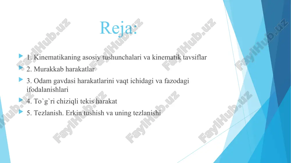dasini harakat paytidagi har qanday oraliq holati tanlangan masofaviy intervalning joriy koordinatasi bilan tavsiflanadi. gavda harakatlari xarakteri va jadalligi bo‘yicha xilma xil bo‘lishi mumkin. ushbu farqlarni tavsiflash uchun kinematikada bir qator atamalar kiritilgan bo‘lib, ular quyida keltirilgan traetkoriya - gavdaning harakatlanuvchi nuqtasini fazoda bosib o‘tadigan chizig‘i. harakatlarni biomexanik tahlil qilish paytida, odam gavdasining xarakterli nuqtalarini harakat traektoriyalari kotib chiqiladi. qoidaga ko‘ra, bunday nuqtalar — gavda bo‘g‘imlari hisoblanadi. traektoriyaning turiga qarab, harakatlar to‘g‘ri chiziqli va egri chiziqlilarga (to‘g‘ri chiziqdan farq qiladigan har qanday chiziq) ajratiladi. harakatlanish — bu, gavdaning yakuniy va dastlabki holatini vektorli farqi. demak, harakatlanish harakatning yakuniy natijasini tavsiflaydi. yo‘l — bu, gavdani yoki gavda nuqtasini tanlangan vaqt oralig‘ida bosib o‘tgan traektoriyasi bo‘lagining uzunligi. tezlik - bu, bosib o‘tilgan yo‘lni, unga sarflangan vaqtga nisbati. u, gavda holatini fazoda qanchalik tez o‘zgarishini ko‘rsatadi. tezlik - vektor bo`lganligi tufayli, u, gavdani yoki gavda nuqtasini qanday yo‘nalishda harakatlanayotganligini ko‘rsatadi. lahzadagi tezlik—traektoriyani ifodalaydigan …