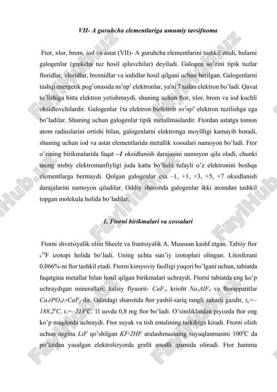 tish emalining tarkibiga kiradi. ftorni olish uchun ozgina lif qo’shilgan kf·2hf aralashmasining suyuqlanmasini 1000c da po’latdan yasalgan elektrolizyorda grafit anodli qismida olinadi. ftor hamma metallar bilan va ko’pchilik metallmaslar bilan odatdagi sharoitda reaksiyaga kirishadi. bu reaksiyalarda ko’p miqdorda issiqlik ajralib chiqadi. masalan: 2al + 3f2 = 2alf3 + 2989 кдж 2fe+ f2 = 2fef3 +1974 кдж h2 + 3f2 = 2hf + 547 кдж si + f2 = sif4 +1615кдж ftor o’zidan keyin turgan galogenlarni tuzlaridan siqib chiqaradi: f2 + 2nacl = 2naf + cl2 f2 + 2nabr = 2naf + br2 f2 + 2naj = 2naf + j2 ftor atmosferasida hatto suv va qum ham yonadi: 2h2o + 2f2 = 4hf +o2 ёки 3f2 + 3h2o = f2o ↑+4hf + h2o2 sio2 + 2f2 = sif4 +o2 qizdirilganda inert gazlar bilan ham reaksiyaga kirishadi: xe+f2 = xef2 ёки xe+3f2 = xef6 ftoridlarga konsentrlangan sulfat kislota ta'sir ettirilsa vodorod ftorid …