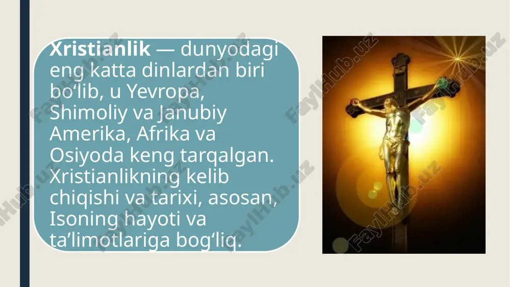 unohlarning kechirilishi va abadiy hayotga erishish uchun iso masihga ishonishdir. quyida xristian dinining eng muhim e’tiqodlari keltirilgan: 1. yagona xudo va trinitet xristianlikda xudo yagona, ruhoniy va abadiy mavjudot sifatida tan olinadi. trinitet tushunchasi — xudo uchta shaxsda mavjud: otasi (xudo), o‘g‘li (iso masih), va muqaddas ruh. bu uchlik bir butunlikda yagona xudo sifatida qaraladi. iso masih xudoning o‘g‘li sifatida dunyoga kelgan va insonlarning gunohlarini to‘lash uchun o‘zini qurbon qilgan. 2. iso masihning hayoti va rolі iso masih — xristianlikning markaziy figurasidir. u insoniyatni gunohidan tozalash uchun xudo tomonidan yuborilgan o‘g‘il sifatida e’tiqod qilinadi. iso masih o‘zining o‘limi va tirilishi orqali, gunohlarni kechirish, sukut va ahloqiy o‘sish uchun namuna bo‘lib, barcha odamlarni xudoga qaytarishga chaqirgan. iso masihning tirilishi xristianlarning asosiy ishonchi bo‘lib, abadiy hayotga erishishning asosiy kaliti sifatida qaraladi. 3. qanday qilib abadiy hayotga erishish? xristianlar ishonadiki, abadiy hayot iso masihga ishonish, uning ta’limotlariga amal qilish va injilni (yangi ahd) …