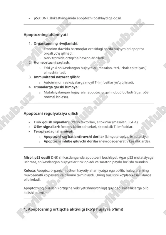 ladi. 3. immunitetni nazorat qilish: · autoimmun reaksiyalarga moyil t-limfositlar yoʻq qilinadi. 4. oʻsmalarga qarshi himoya: · mutatsiyalangan hujayralar apoptoz orqali nobud boʻladi (agar p53 normal ishlasa). apoptozni regulyatsiya qilish · tirik qolish signallari: oʻsish faktorlari, sitokinlar (masalan, igf-1). · oʻlim signallari: reaktiv kislorod turlari, sitotoksik t-limfositlar. · terapiyadagi ahamiyati: · apoptozni ragʻbatlantiruvchi dorilar (kimyoterapiya, irradiatsiya). · apoptozni inhibe qiluvchi dorilar (neyrodegenerativ kasalliklarda). misol: p53 oqsili dnk shikastlanganda apoptozni boshlaydi. agar p53 mutatsiyaga uchrasa, shikastlangan hujayralar tirik qoladi va saraton paydo boʻlishi mumkin. xulosa: apoptoz organizm uchun hayotiy ahamiyatga ega boʻlib, hujayralarning muvozanatli koʻpayishi va oʻlimini taʼminlaydi. uning buzilishi koʻplab kasalliklarga olib keladi. apoptozning buzilishi (ortiqcha yoki yetishmovchiligi) quyidagi kasalliklarga olib kelishi mumkin: 1. apoptozning ortiqcha aktivligi (koʻp hujayra oʻlimi) bu holatda hujayralar keragidan koʻp va tez oʻladi, bu esa organlarning funktsiyasini buzadi. · neyrodegenerativ kasalliklar: · alzheimer kasalligi: miya neyronlarining apoptozi natijasida xotira va kognitiv funksiyalar yoʻqoladi. · parkinson …