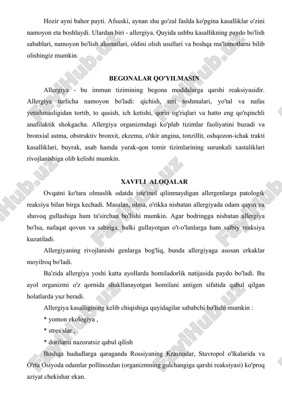 qarshi reaksiyasi) ko'proq aziyat chekishar ekan. odatda allergiya alomatlari bolalikda namoyon bo'ladi . organizmning immun qarshiligi insonda 5 yoshlarda shakllanadi, deb hisoblashadi. biroq sinchkov shifokor boladagi allergiya alomatlarini deyarli tug'ilgan chog'idanoq aniqlashga qodir. 5 yoshdan katta bolalar uchun nafas olishda namoyon bo'ladigan allergiya xos bo ' lib , bu bronxial astmaning boshlang'ich shakllanish bosqichi hisoblanadi. bolalardagi shamollash bolalarni shamollash va virusli kasalliklardan asrash kerak. virusga chalinishning eng xavfli oqibatlaridan biri bu - tomoq yallig'lanishi va uning natijasida nafas siqilishidir, bu holat bo'g'iz shishib ketishiga olib keladi. ushbu xastalikni boshidan kechirgan bolalarda ko'p hollarda allergik o'pka xastaliklari rivojlanadi. chaqaloqlarda allergiya aksariyat hollarda teri toshmalari ko'rinishida namoyon bo'ladi. odatda bunday reaksiya oshqozon-ichak trakti faoliyatidagi buzilishlar oqibatida yuz beradi. demak, go'daklarda disbakteriozning oldini olish va davolash allergiya va infeksiyalardan eng yaxshi himoya hisoblanadi. shuningdek, go'dakni ko'krakdan erta chiqarish va sun'iy ovqatlarga o'tkazish hamda muddatidan oldin berilgan qo'shimcha ovqatlar (bo'tqalar, pyure, sharbatlar, tvorog) ham …