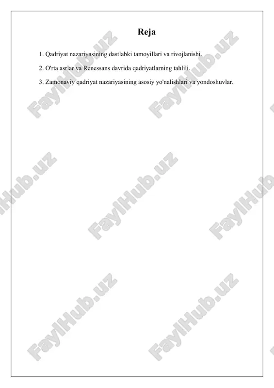soniyatning axloqiy, ijtimoiy, va psixologik o‘sish jarayonlariga asoslanadi va turli davrlarning falsafiy qarashlari, ilmiy tadqiqotlar va madaniy yondoshuvlarga asoslanadi. qadriyat nazariyasining shakllanishi tarixiy jihatdan inson tafakkurining rivojlanishi bilan bog‘liqdir. bu jarayonni quyidagi bosqichlar orqali ko‘rish mumkin: antik davrda qadriyatlar axloqiy qarashlar asosida shakllanadi. yunon falsafasida qadriyatlar, ayniqsa, “yaxshi” va “yomon” tushunchalari orqali insonning to‘g‘ri va noto‘g‘ri yo‘lini belgilashga qaratilgan edi. platon va aristotel kabi faylasuflar qadriyatlar haqida keng tahlillar olib borgan va ularning axloqiy, ma'naviy jihatlarini tushunishga intilganlar. o‘rta asrlar davrida qadriyatlar diniy ta'limotlar asosida shakllanadi. bu davrda qadriyatlar ko‘proq diniy e'tiqodlar va axloqiy me'yorlarga asoslangan edi. masihiylikda axloqiy qadriyatlar xudo irodasiga mos kelishga, to‘g‘ri yashashga qaratilgan bo‘lsa, islomda ham shu kabi qadriyatlar dinning asosiy tamoyillari bilan bog‘lanib, insonni ma'naviy ravnaqga erishishga undagan. renessans davrida qadriyatlar inson erkinligi va bilimga intilish orqali yangi shaklni olgan. bu davrda qadriyatlar nafaqat diniy, balki insonning aqliy va ijodiy imkoniyatlarini rivojlantirishga yo‘naltirilgan. insoniyatning taraqqiyotiga …