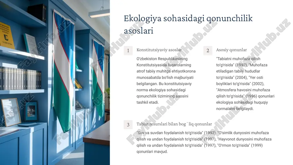 muhitning ifloslanishi oqibatlarini bartaraf qilish choralarini koʻrmaslik, atrof tabiiy muhitni ifloslantirish jinoyat hisoblanadi. tabiiy resurslar bilan bogʻliq jinoyatlar yer, yer osti boyliklaridan foydalanish shartlarini yoki ularni muhofaza qilish talablarini buzish, ekinzor, oʻrmon yoki boshqa daraxtlarga shikast yetkazish yoki ularni nobud qilish jinoyat hisoblanadi. 3 ekologik jinoyatlarning turlari 1 oʻsimliklar bilan bogʻliq jinoyatlar oʻsimliklar kasalliklari yoki zararkunandalariga qarshi kurash talablarini buzish, ekinzor, oʻrmon yoki boshqa daraxtlarga shikast yetkazish yoki ularni nobud qilish ekologik jinoyat hisoblanadi. 2 hayvonot dunyosi bilan bogʻliq jinoyatlar veterinariya yoki zootexnika qoidalarini buzish, hayvonot dunyosidan foydalanish tartibini buzish, qonunga xilof ravishda ov qilish, baliq ovlash qoidalarini buzish ekologik jinoyat hisoblanadi. 3 kimyoviy moddalar bilan bogʻliq jinoyatlar zararli kimyoviy moddalar bilan muomalada boʻlish qoidalarini buzish, sanoat yoki qishloq xoʻjaligi ishlab chiqarish chiqindilari bilan atrof muhitni ifloslantirish ekologik jinoyat hisoblanadi. 4 suv resurslari bilan bogʻliq jinoyatlar suv yoki suv havzalaridan foydalanish shartlarini buzish, suv havzalarini ifloslantirish, suv xoʻjaligi inshootlariga zarar …