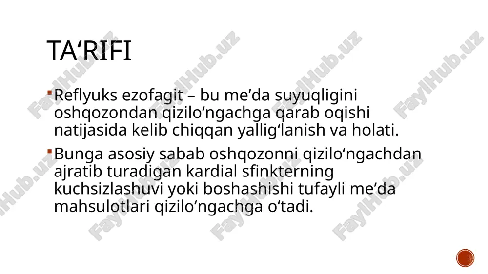 iladorlik: homiladorlik davrida qorin bo'shlig'idagi bosimning oshishi, gormonal o'zgarishlar bilan birgalikda reflyuks belgilari paydo bo'lishiga yordam beradi. chekish: tamaki tutuni lesni zaiflashtirishi va tupurik ishlab chiqarishni kamaytirishi mumkin, bu odatda oshqozon kislotasini zararsizlantirishga yordam beradi. diet omillari: yog'li va qizarib pishgan ovqatlar: ular lesni tinchlantirishi va oshqozon bo'shatishini kechiktirishi mumkin. tsitrus mevalari, pomidorlar va achchiq ovqatlar: ular qizilo'ngachni bezovta qilishi mumkin. simptomlari oshqozon yonishi: ko'krak qafasidagi yonish hissi yoki noqulaylik, ko'pincha ko'krak suyagi orqasida, bo'yin va tomoqqa qarab yuqoriga qarab harakatlanishi mumkin. regürjitatsiya: oshqozon tarkibidagi kislota, shu jumladan, tomoqqa yoki og'izga qayta ko'tarilish hissi. bu ba'zida achchiq yoki nordon ta'mga olib kelishi mumkin. ko'krak og'rig'i: yurak bilan bog'liq ko'krak og'rig'iga taqlid qilishi mumkin bo'lsa-da, reflyuks bilan bog'liq ko'krak og'rig'i odatda unchalik kuchli emas. ko'krak qafasidagi o'tkir yoki yonish og'rig'i sifatida sezilishi mumkin. yutish qiyinligi (disfagiya): qizilo'ngachning tirnash xususiyati va yallig'lanishi yutishda qiyinchiliklarga olib kelishi mumkin. tomoqdagi ovqatni yopish hissi paydo …