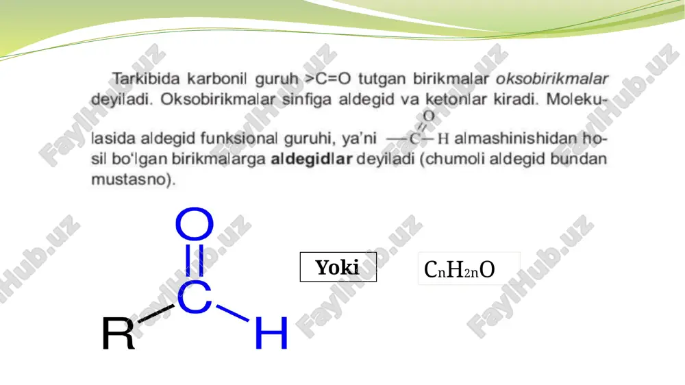eaksiyasi karbonil gruppasidagi uziladigan pbog‘lanishi bilan bog‘liq. uning uzilgan joyiga atomlar va atomlar gruppasi birikadi, masalan, metanol bilan vodorod aralashmasi qizdirilgan katalizator ustidan o‘tkazilganda, u metanolgacha qaytariladi: 6 aldegidlar uchun sifat reaksiya 7 olinishi aldegidlar kimyo sanoati, farmatsevtika, oziq-ovqat va kosmetika kabi ko‘plab sohalarda muhim ahamiyatga ega. quyida ularning asosiy qo‘llanilish sohalari haqida qisqacha ma’lumot beraman: 1. organik sintez: aldegidlar boshqa organik birikmalar sintezi uchun boshlang‘ich moddalar sifatida ishlatiladi. masalan, formaldegid, metanal birikmasi, plastmassa, qatronlar, yopishtiruvchi moddalar va bo‘yoqlar ishlab chiqarishda keng qo‘llaniladi. 2. farmatsevtika: aldegidlar ko‘plab dori-darmonlar sintezida ishlatiladi. ular antibakterial, antifungal va antiseptik xususiyatlarga ega birikmalar yaratishda asosiy xomashyo bo‘lib xizmat qiladi. 3. oziq-ovqat sanoati: benzaldegid kabi aldegidlar oziq-ovqat sanoatida lazzat va hid beruvchi modda sifatida ishlatiladi. u gilos va bodom iforini yaratishda ishlatiladi. 5. laboratoriya reagentlari: aldegidlar laboratoriyalarda turli xil kimyoviy reaksiya va tadqiqotlarda reagent sifatida ishlatiladi. formaldegid biologik namunalarni fiksatsiyalashda (saqlashda) qo‘llaniladi. aldegidlarning kimyo va kundalik …
