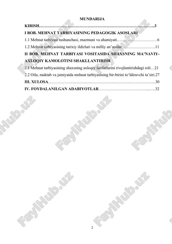 kllantirishdagi o‘rni naqadar muhim ekanini anglatadi. zero, mehnat tarbiyasi – bu nafaqat kasb-hunarga yo‘naltirish, balki yoshlarda mas’uliyat hissi, sabr-toqat, qat’iyat, vijdon va halollik kabi yuksak insoniy fazilatlarni shakllantirishga xizmat qiluvchi jarayondir. bugungi globallashuv davrida yoshlarning intellektual salohiyati, kasb-hunar egallashga bo‘lgan intilishi bilan bir qatorda, ularda mehnatsevarlik, ijtimoiy faollik va jamiyatga foydali bo‘lishga tayyorlik kabi fazilatlarni shakllantirish dolzarb vazifa sifatida kun tartibiga qo‘yilmoqda. ayniqsa, yosh avlodda erta yoshlikdan boshlab mehnatga ijobiy munosabatni shakllantirish orqali ularning ongli, mas’uliyatli, tashabbuskor bo‘lib kamol topishlariga zamin yaratiladi. shu boisdan ham, mehnat tarbiyasining mazmun-mohiyatini chuqur o‘rganish, uning metodlari va pedagogik asoslarini tahlil qilish, komil insonni tarbiyalashdagi o‘rni va ahamiyatini aniqlash bugungi kunda nafaqat ilmiy-nazariy, balki amaliy nuqtayi nazardan ham dolzarb hisoblanadi. kurs ishining maqsadi — mehnat tarbiyasining komil insonni shakllantirishdagi o‘rnini o‘rganish, uning nazariy va amaliy jihatlarini tahlil qilish, yoshlarning mehnatga munosabatini shakllantirishdagi samarali pedagogik usullarni aniqlash va takomillashtirishdir. shu bilan birga, maqsad yosh avlodda mehnatga …