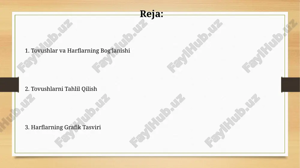 tovushlarni ifodalaydi. undosh tovushlar soni unli tovushlar sonidan ancha yuqori. fonemalar – til tizimida ajratib ko'rsatiladigan eng kichik ma'noli tovush birliklari hisoblanadi va ular harflar orqali yozma nutqda ifodalanadi. o'zbek tilida taxminan 40 ga yaqin fonema mavjud. transkripsiya transkripsiya belgilarining turli xil tizimlari mavjud bo'lib, ularning har biri 4 dan 20 gacha turli tovushlarni ifodalash uchun o'ziga xos belgilar to'plamidan foydalanadi. fonetik transkripsiya, grafemalar emas, balki tovushlarni, masalan, [p] va [b] kabi, aks ettiruvchi, 1:1 yozishmalarga ega bo'lmagan xususiyatga ega. o'zbek alfaviti oʻzbek tilida soʻzlarning yozilishida 3 ta asosiy imlo qoidasi (birlashgan, ajratilgan va bogʻlangan) qoʻllaniladi va harflarning tovush qiymatlari muhim rol oʻynaydi. lotin yozuviga asoslangan oʻzbek alifbosi 1993-yilda rasman qabul qilingan va unda 12 ta undosh va 4 ta unli harflar oʻzgartirilgan. unli tovushlar unli tovushlarning artikulyatsiya joyi va usuliga koʻra turli xil tasniflari mavjud boʻlib, ularning fonetik xususiyatlarini oʻrganishda muhim ahamiyatga ega. masalan, oldingi, orqa va oʻrta unlilar …