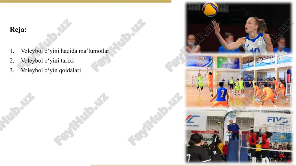 65 x 8,2 m, balandligi 198 sm toʻpning vazni 340 g, aylanasi 63,5 – 68,5 sm oʻyinchilarning soni chegaralanmaydi va hokazo. voleybol oʻzbekistonda 1920-yildan oʻynaladi. oʻzbekiston respublikasi 1991-yil xalqaro voleybol federatsiyasiga, 1992-yil osiyo voleybol konfederatsiyasiga aʼzo boʻlib kirdi. oʻzbekistonda bu sport turi bilan 700 mingdan ortiq kishi muntazam shugʻullanadi. u maktablarda ommaviy tus olgan, jismoniy tarbiya boʻyicha dasturning ajralmas qismi hisoblanadi. o‘zbekiston voleybol fediratsiyasi voleybol oʻyinni maydoni va qoidasi voleybol o‘yini maydoni oddiy va plyaj voleybolida kortning o’lchami uzoq vaqtdan beri xalqaro voleybol federatsiyasi (fivb) javobgar bo’lgan qoidalar bilan belgilanadi. agar o’yinning boshqa nuanslariga kelsak, qoidalar tez-tez o’zgarib tursa, o’lchamlarda ular o’nlab yillar davomida o’zgarmas bo’lib qoladi: oddiy platformaning uzunligi – 18 m, kengligi – 9 m plyaj voleyboli maydoni uzunligi – 16 m, kengligi – 8 m o’yinchilarning yoshi va jamoalarning holati, maktab musobaqalari yoki olimpiya turniri bo’lishidan qat’i nazar, o’lchamlar har doim standart bo’lib qoladi. o’zgarishlar faqat to’rning …