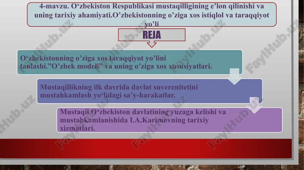 i masalalar kun tartibiga qo‘yilib, qizg‘in muhokama qilindi. oliy kengash sessiyasi «o‘zbekiston respublikasining davlat mustaqilligini e’lon qilish to‘g‘risida» qaror qabul qilindi. mazkur qarorda: respublikaning davlat mustaqilligi to‘g‘risidagi oliy kengash bayonoti tasdiqlansin va respublika bundan buyon o‘zbekiston respublikasi deb atalsin; 1-sentabr o‘zbekiston respublikasining mustaqillik kuni deb belgilansin va 1991-yildan boshlab bu kun bayram va dam olish kuni deb e’lon qilinsin, deb qat’iy belgilab qo‘yildi. mustaqillik asoslari to‘g‘risidagi qonunda o‘zbekiston respublikasi to‘la davlat hokimiyatiga ega, o‘zining milliy davlat va ma’muriy-hududiy tuzilishini, hokimiyat va boshqaruv idoralari tizimini mustaqil belgilaydi, davlat chegarasi, hududi daxlsiz va bo‘linmas bo‘lib, uning xalqi o‘z xohish-irodasini erkin bildirmasdan turib o‘zgartirilishi mumkin emas, deb qat’iy qonunlashtirib qo‘yildi. mazkur qonunda respublika hududidagi yer, yer osti boyliklari, suv va o‘rmonlar, o‘simlik va hayvonot dunyosi, tabiiy va boshqa resurslar, respublikaning ma’naviy boyliklari o‘zbekiston respublikasining milliy boyligi hisoblanadi, deb belgilab berildi. o‘zbekiston respublikasi o‘z hududida oltin, boshqa qimmatbaho metallar va toshlarni qazib chiqarish, qayta …