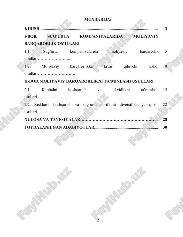 xizmatlari eksportini oshirish hamda xorijiy investitsiyalarni jalb etishga qaratilgan aniq maqsadlar belgilangan. xususan, qarorda 2025‑yilga mo‘ljallangan asosiy vazifalar sifatida milliy qayta sug‘urta bozorini 4 trln so‘mgacha yetkazish, sug‘urta xizmatlari eksportini kamida 30 % oshirish va rejalashtirilgan investitsiyalar hajmini 150 mld so‘mgacha ko‘tarish belgilangan. mazkur hujjat sug‘urta sohasida normativ‑hujjatli bazaning mustahkamlanishidan dalolat beradi: mahalliy sug‘urta kompaniyalari, qayta sug‘urta sub’ektlari va sug‘urta brokerlari uchun faollik, nazorat va shaffoflik talablari yanada kengaymoqda. bozorning raqobatbardoshligini oshirish, sug‘urta kompaniyalarining kapitali va likvidligini mustahkamlash hamda risklarni o‘zaro boshqarish mexanizmlarini joriy etish masalalari ustuvor ravishda ko‘rib chiqilmoqda. shu bilan birga, sug‘urta kompaniyalarining moliyaviy barqarorligi — risk to‘lovlari, mijozlar ishonchi hamda bozor xavfsizligi bilan bog‘liq bo‘lib, sohaning umumiy barqarorligini ta’minlashga xizmat qiladi. ushbu kurs ishida aynan shu kontekstda sug‘urta kompaniyalarida moliyaviy barqarorlikni ta’minlash usullari masalasiga e’tibor beriladi. ichki va tashqi omillar orqali barqarorlikka ta’sir etuvchi muhim jihatlar tahlil qilinadi, shuningdek, moliyaviy barqarorlikni ta’minlash bo‘yicha amaliy, strategik usullar ko‘rib …