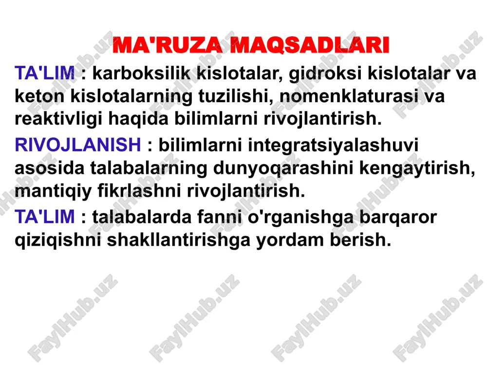 rivojlantirish. ta'lim : talabalarda fanni o'rganishga barqaror qiziqishni shakllantirishga yordam berish. ma'ruza rejasi karboksilik kislotalarning tasnifi karboksilik kislotalarning kimyoviy xossalari salitsil kislotasi, farmatsevtika. unga asoslangan dorilar karboksilik kislotalar karboksilik kislotalar - karboksil guruhini (-cooh ) o'z ichiga olgan organik moddalar . 4 karboksilik kislotalarning tasnifi men. karboksil guruhlar soniga qarab ular quyidagilarga bo'linadi: monokarboksilik - bitta karboksil guruhini o'z ichiga oladi. misol: to'yingan monobazik kislotalarning gomologik qatori c n h 2n + 1 cooh , n = 0 , 1 , 2 , 3 , 4 ... hcooh formik (metan) kislota (tuzlar - formatlar) karboksilik kislotalarning tasnifi h 3 c - cooh sirka (etanik) kislota (tuzlar - asetatlar) h 3 c - ch 2 - cooh propion (propan) kislota (tuzlar - propionatlar) karboksilik kislotalarning tasnifi h 3 c - ch 2 - ch 2 - cooh moyi (butanik) kislota (tuzlar - butiratlar) h 3 c - ch 2 - ch …
