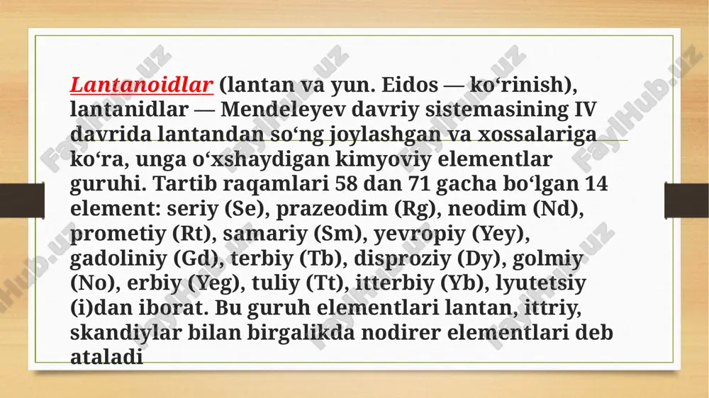 yuqlanadi. 200°dan yuqorida l. galogenlarning hammasi bilan faol reaksiyaga kirishadi. lantanoidlarning reaksiyalari hosil boʻlgan galogenidlar ancha yuqori temperaturada suyuklanadi va qaynaydi. l. vodorodni uy temperaturasidayoq biriktirib oladi; 200— 250° da reaksiya tezlashib, gidridlar hosil boʻladi. azot bilan esa 750—1000°da reaksiyaga kirishib, rn (bu yerda r — l.) koʻrinishidagi nitridlar hosil qiladi. l. qizdirilganda uglerod, uglerod (p)-oksid, karbonat angidrid, metan gazi bilan birikadi va rc2 (bu yerda r—l) koʻrinishidagi karbid hosil qiladi. ular havo va suvda oson parchalanadi. l. oltingugurt bugʻlarida qizdirilganda sulfidlar hosil boʻladi. ular issiqqa chidamli va qiyin suyuqlanadi. l.nimg gidroksidlari asos xossalarini namoyon qiladi, suvda va ishqorlarda oz eriydi. uch valentli l.ning xloridlari, sulfatlari va nitratlari suvda eriydi. ftoridlari va ok-salatlari suvda va suyultirilgan mineral kislotalarda oz eriydi. l.ning fosfatlari, karbonatlari va ferritsianidlari suvda qiyin eriydi. l. koʻpgina organik moddalar bilan kompleks birikmalar hosil qiladi. bulardan limon kislota va aminopoli-sirka kislota qatori — nitrilotri-sirka kislota (nta) va etilendia-mintetrasirka …