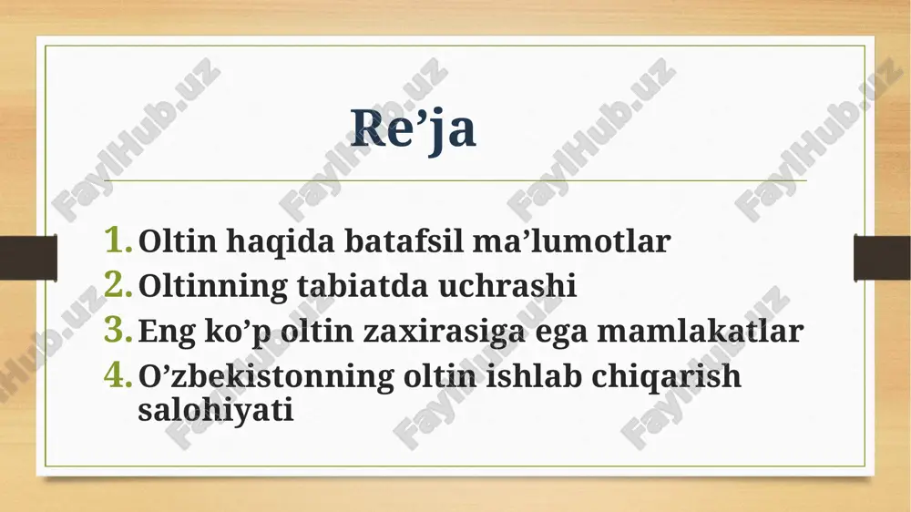 ynash temperaturasi 2880°. moos shkalasi boʻyicha qattikligi 2,5. oltin yum-shoq bulganligi uchun uning kumush yoki mis qoʻshib tayyorlangan qotishmalari ishlatiladi. oltin — kimyoviy jihatdan juda passiv element. havoda oʻzgarmaydi. sulfat kislota, nitrat kislota va boshqalarda erimaydi: faqat zar suviaa, xlorli suvda va ishqoriy metallarning sianidlari eritmalarida eriydi. xlor bilan birikadi. oltin oʻz birikmalaridan oson kaytariladi va kompleks birikmalar hosil qila oladi. simobda erib, oltin amalgamasiga aylanadi. birikmalarda 1 va 3 valentli boʻladi. 3 valentli oltin birikmalari barqaror hisoblanadi. oltin rudalardan bir necha usulda, mas, oltinli qumni suv bilan yuvib, zarralar holida ajratib olinadi. oltin amalgamatsiya usulida ham boyitiladi. uning kaliy sianid kcn eritmasida (kislorod ishtirokida) va xlorli suvda erishidan oltin ajratib olishda foydalaniladi (bagration usuli). buning uchun oltinli qumga kaliy sianid (yoki natriy sianid nacn) eritmasi qoʻshiladi. oltin bilan kaliy sianiddan hosil boʻlgan kompleks tuz suvda erib ketadi, qum ajralib qoladi. kompleks tuzning eritmasiga, odatda, rux taʼ-sir ettiriladi. rux oltinni …